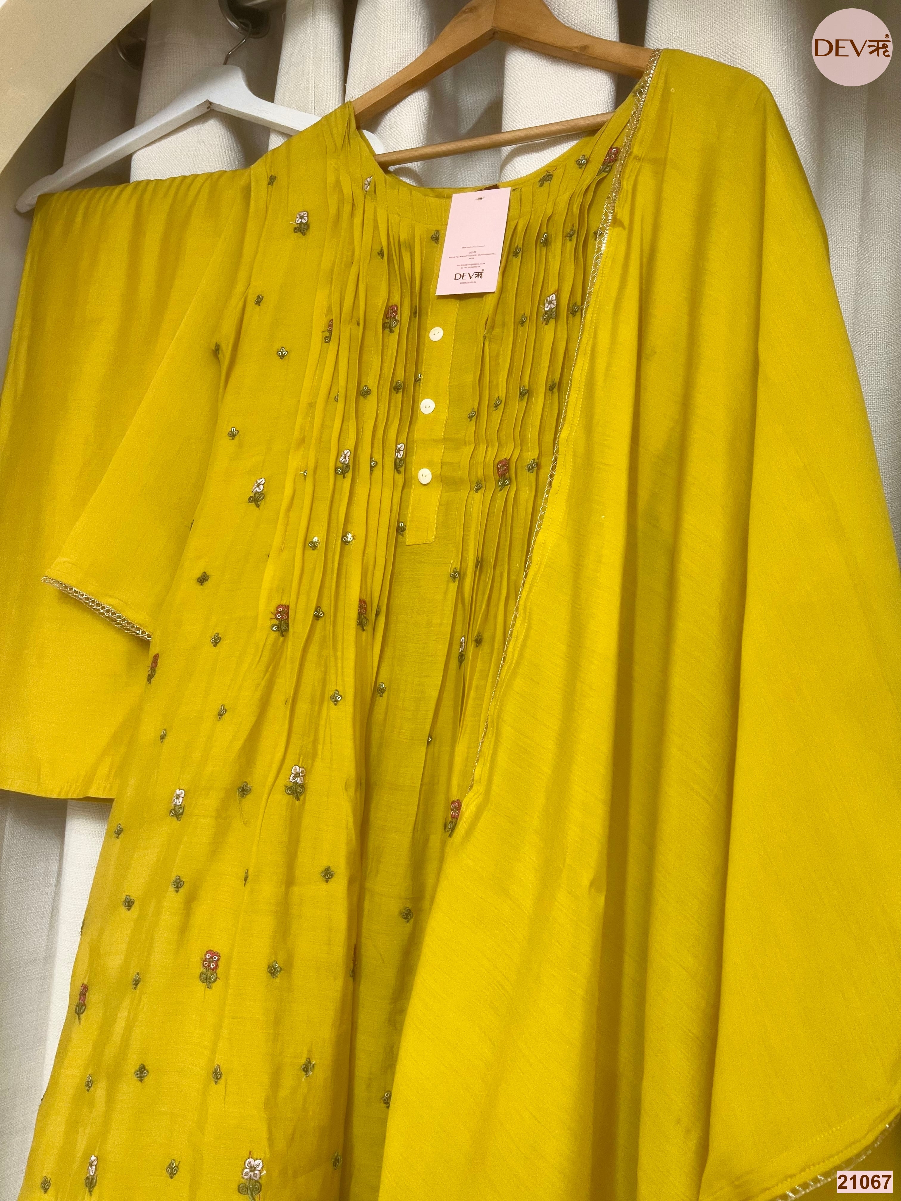 Gulnaar Mul Chanderi Embroidered Yellow 3-Piece Set (Devri – D.No 21067)