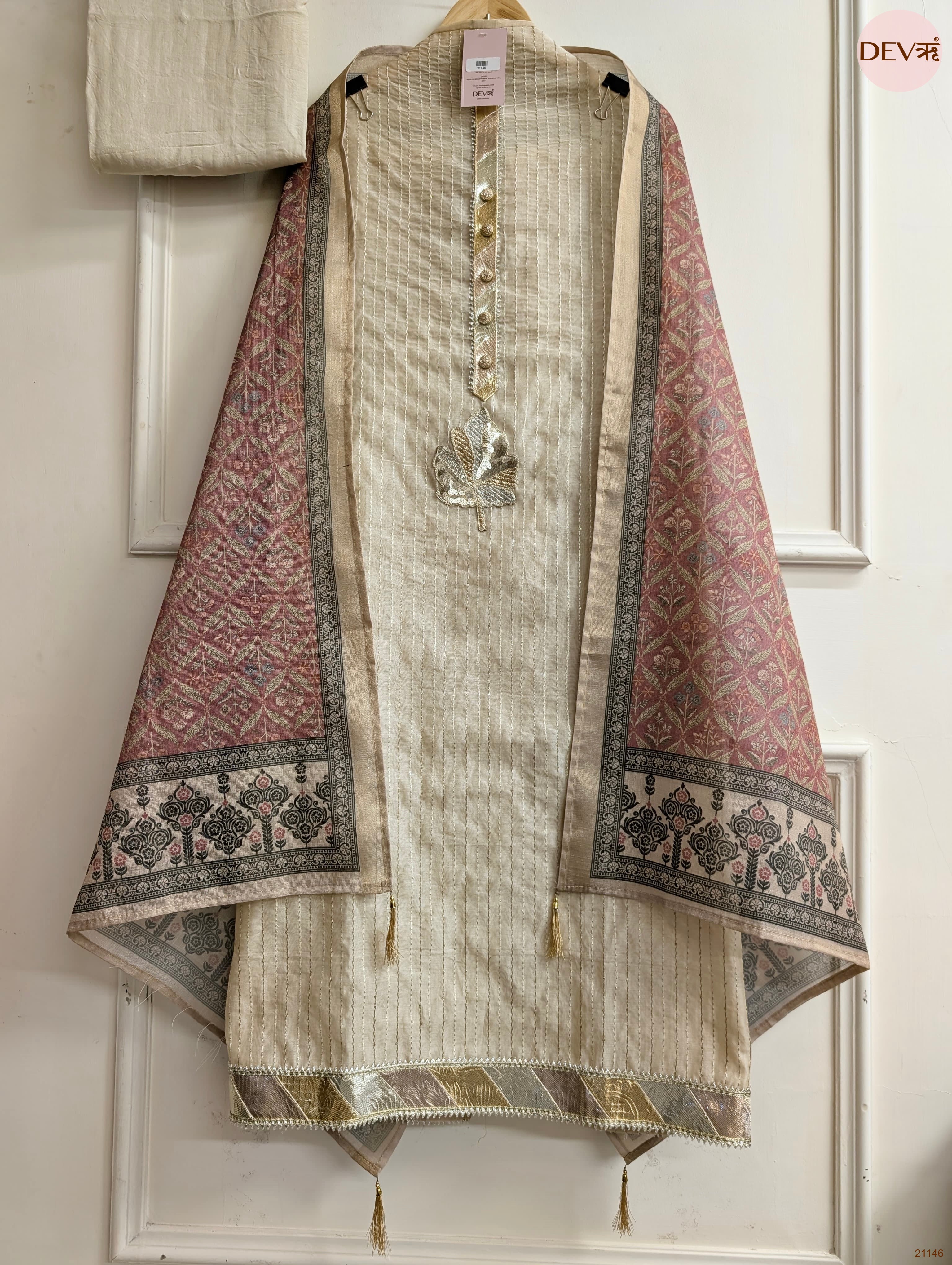 Cream Pure Chanderi Embroidered Unstitched 3-Piece Suit (Devri – D.No 21146)