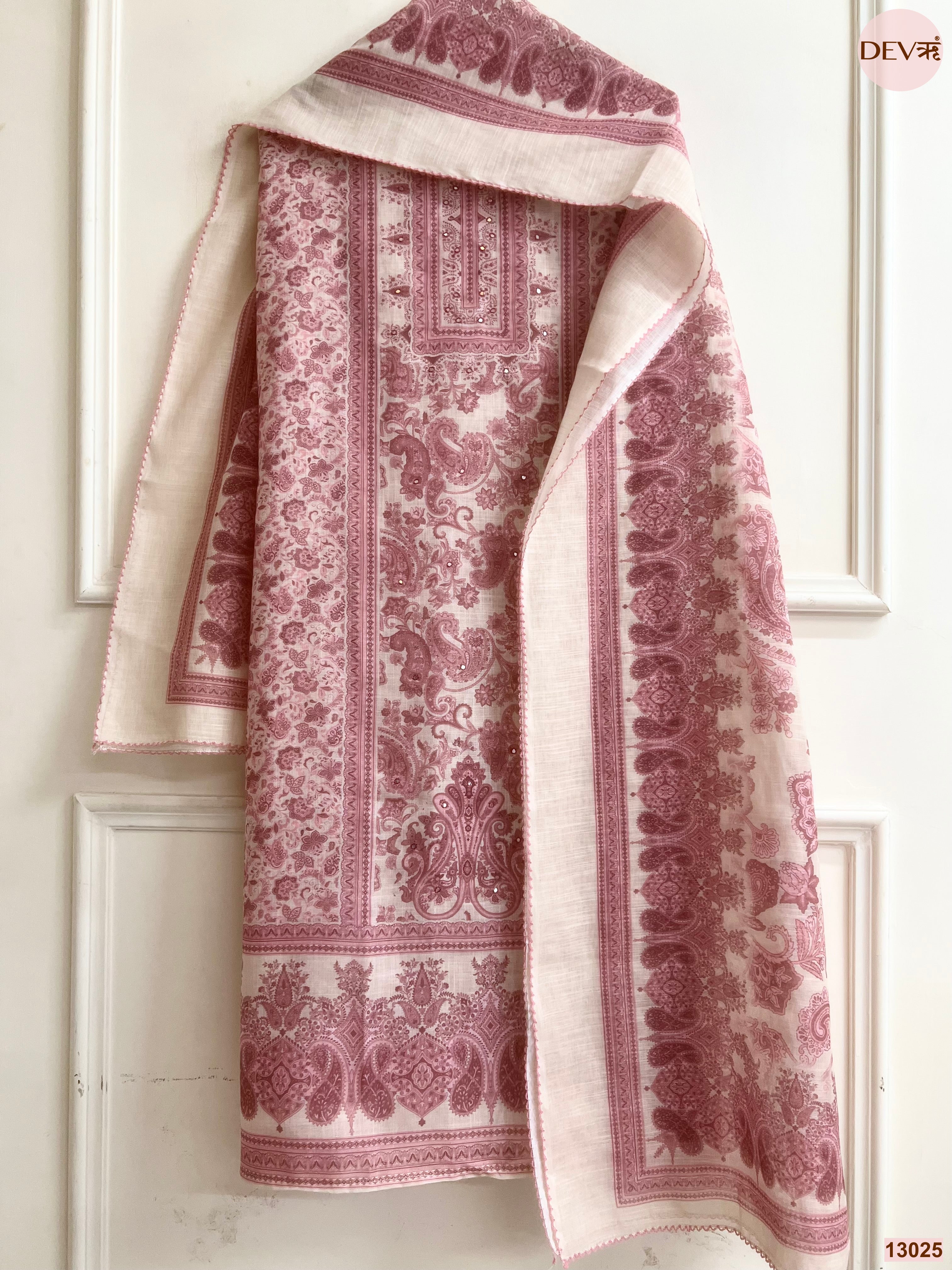 Pink Linen Printed Unstitched 3-Piece Suit (Devri – D.No 13025)
