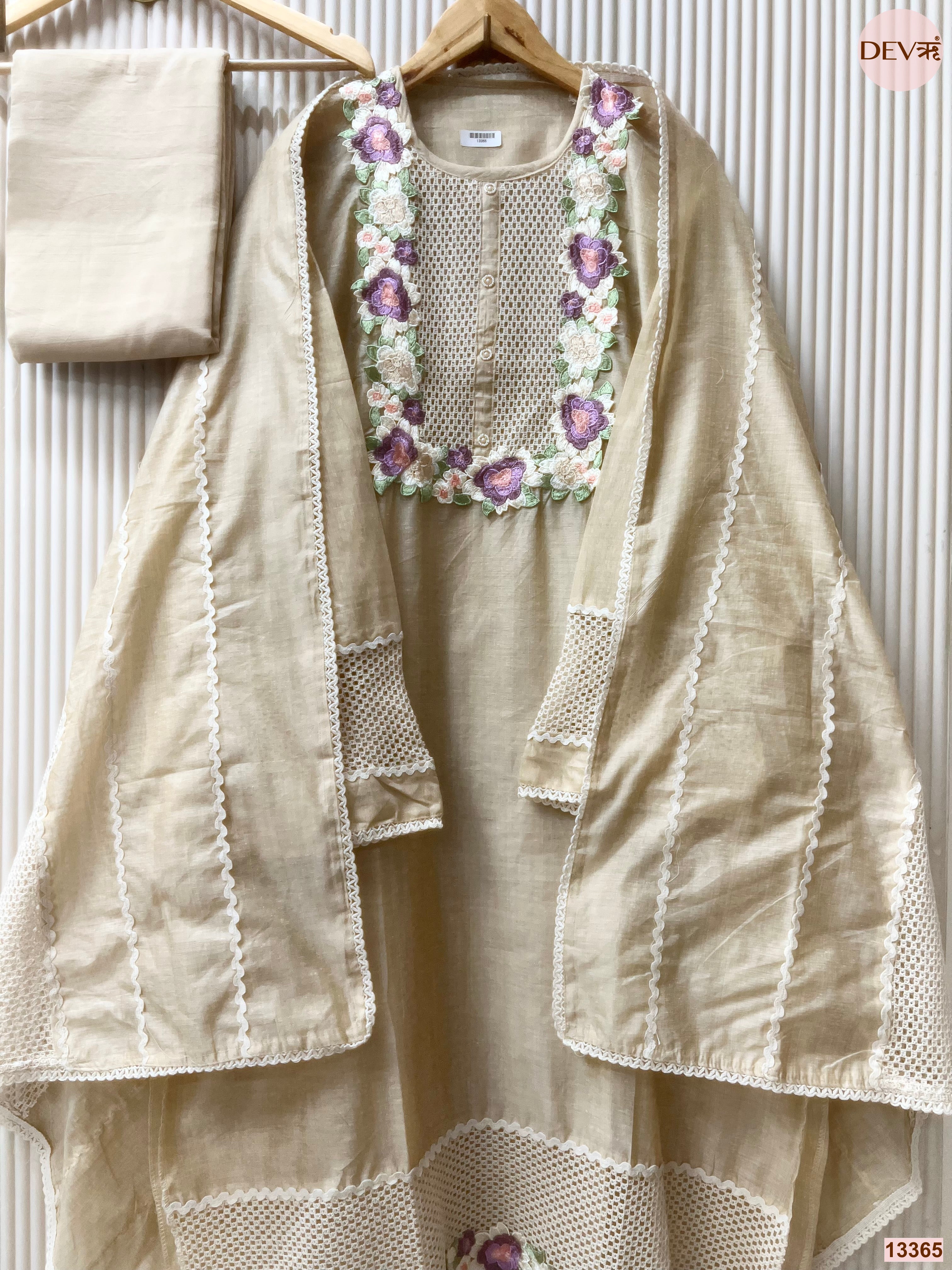 Beige Mul Chanderi Embroidered Unstitched 3-Piece Suit (Devri – D.No 13365)