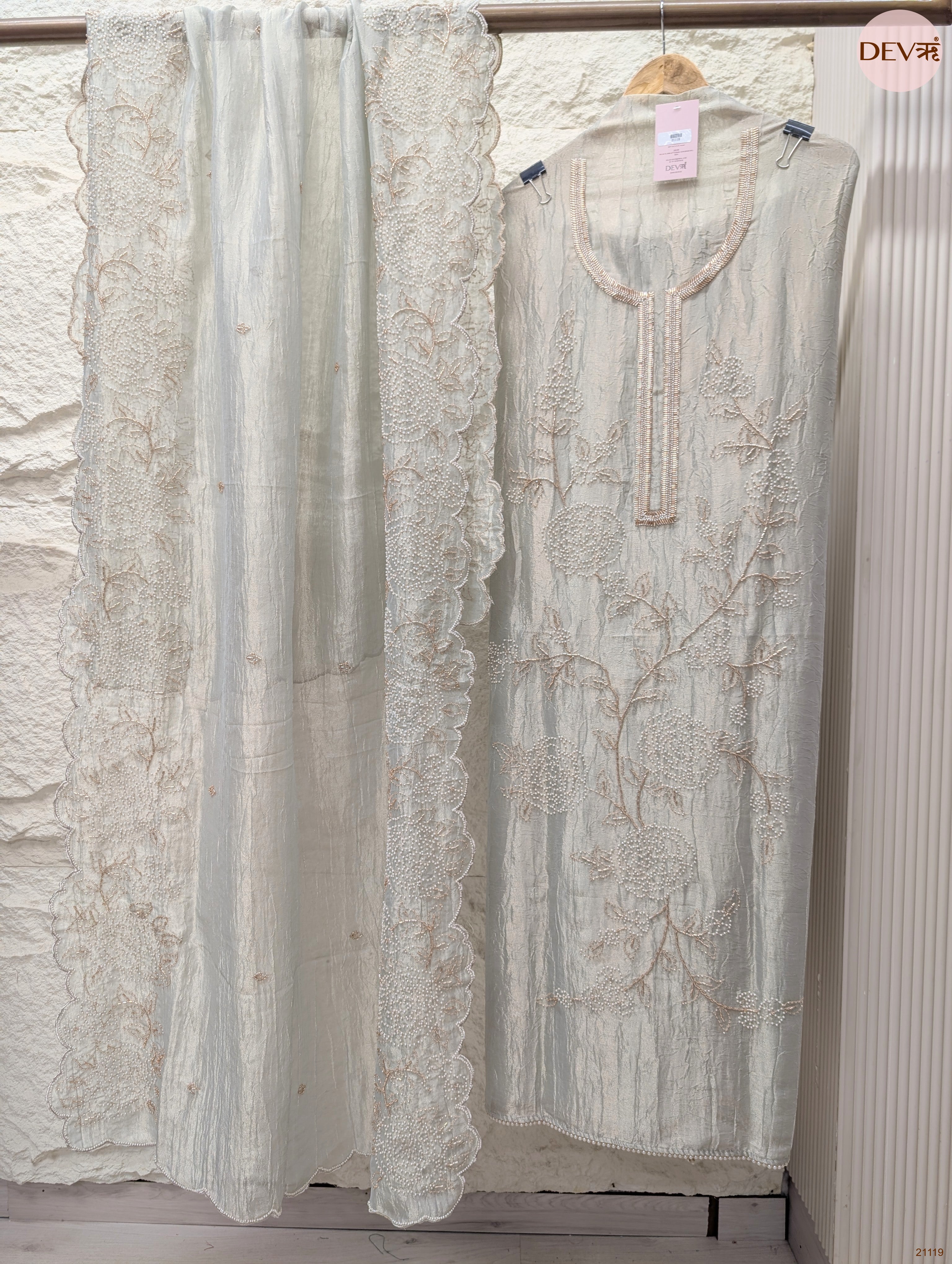 Grey Pure Tissue Crush Silk Embroidered Unstitched 3-Piece Suit (Devri – D.No 21119)