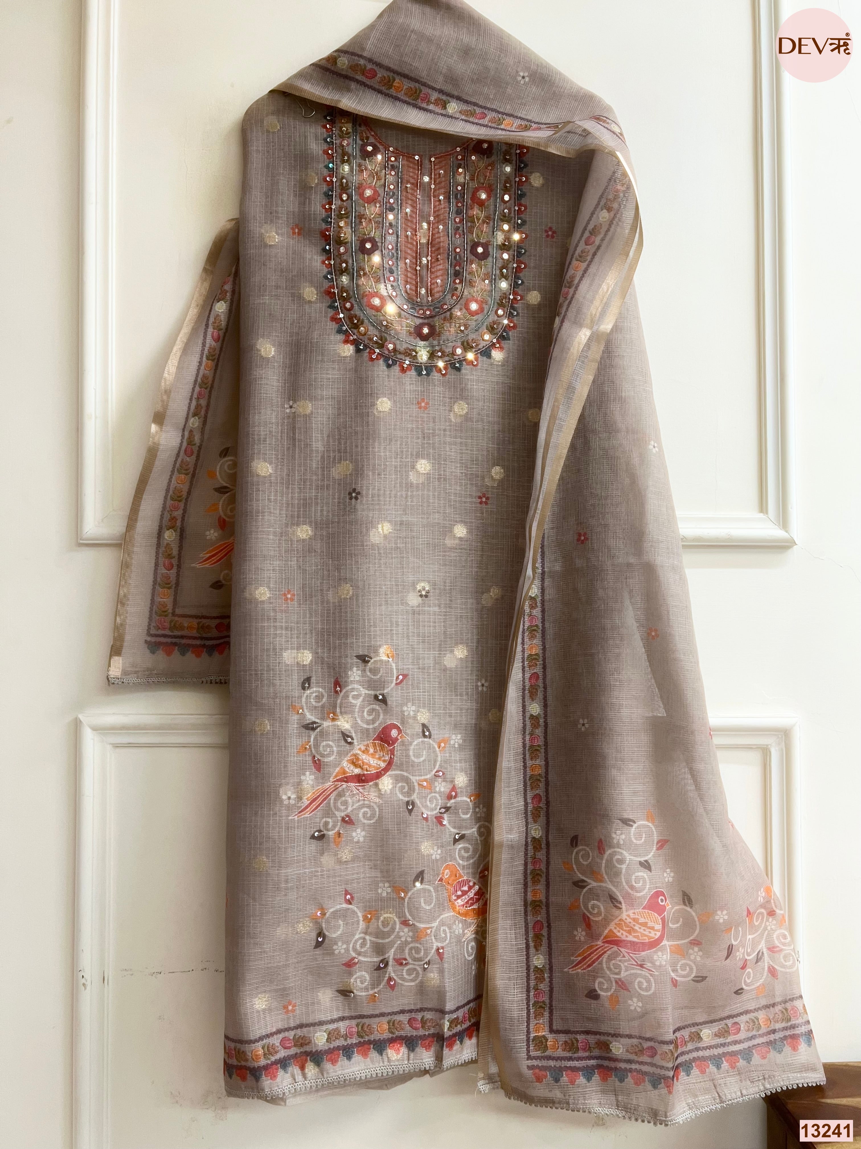 Taupe Kota Printed Unstitched 3-Piece Suit (Devri – D.No 13241)