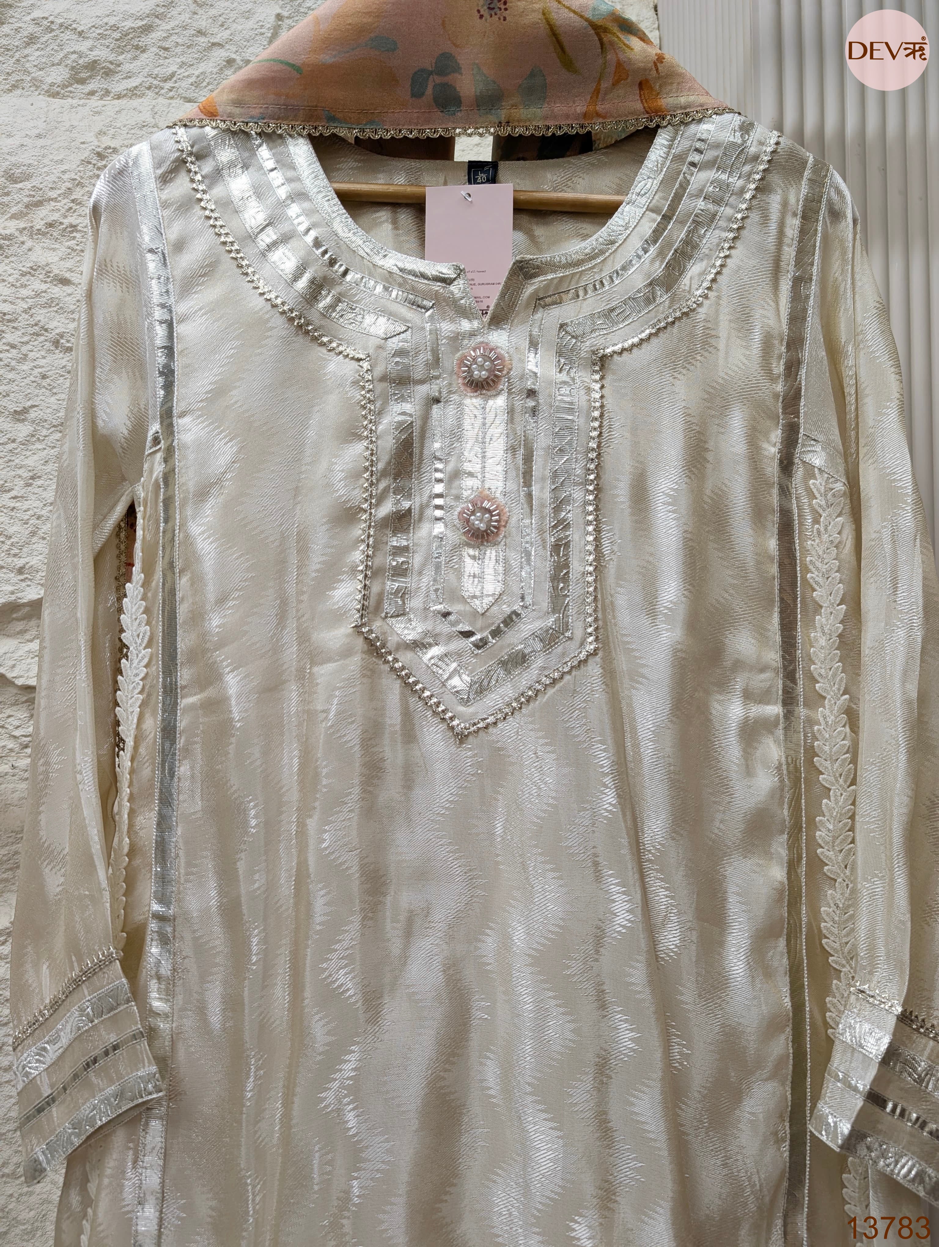 Noor Pure crepe silk Embroidered Ivory 3-Piece Set (Devri – D.No 13783)