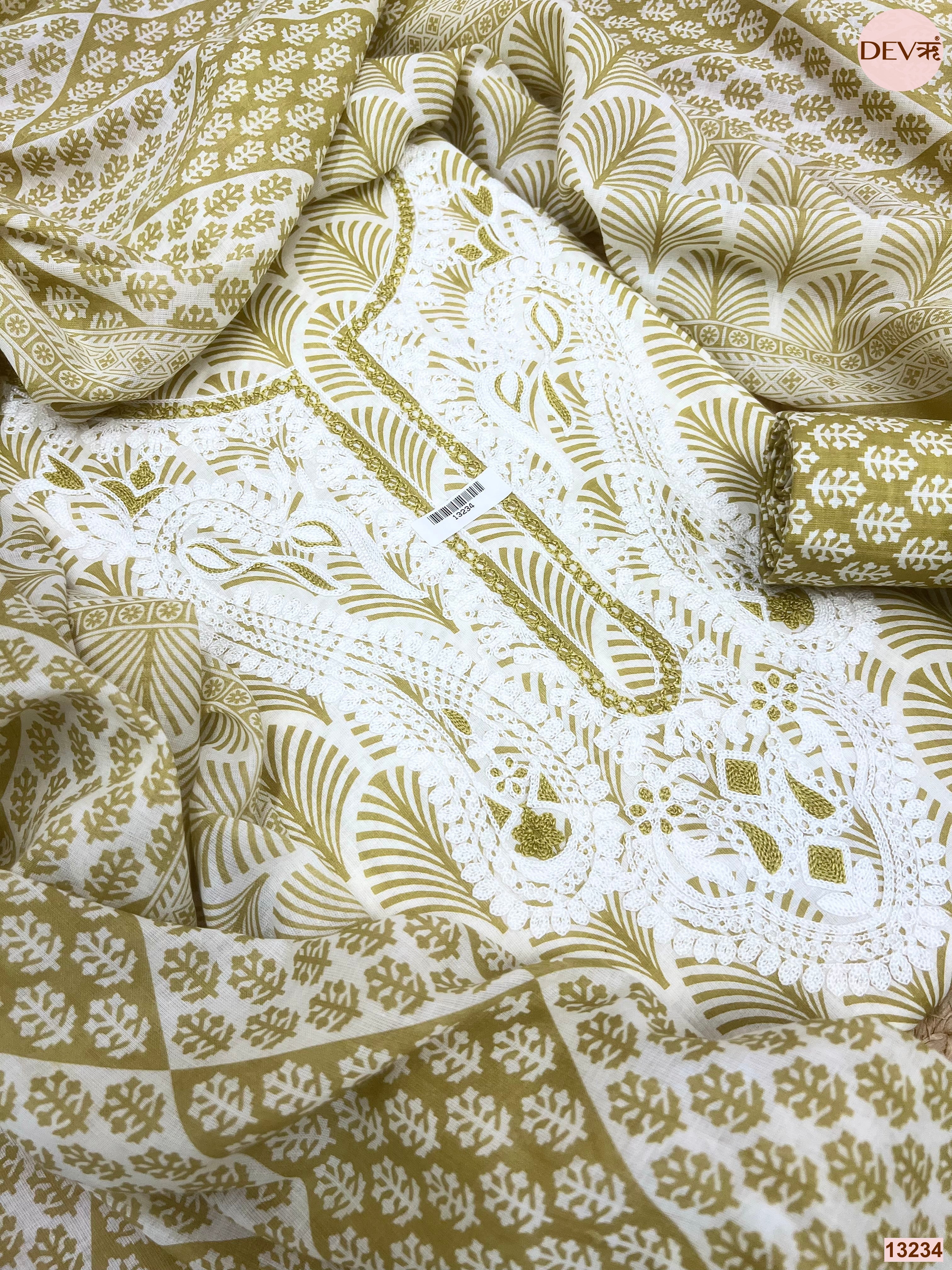 Olive Cotton Printed Unstitched 3-Piece Suit (Devri – D.No 13234)