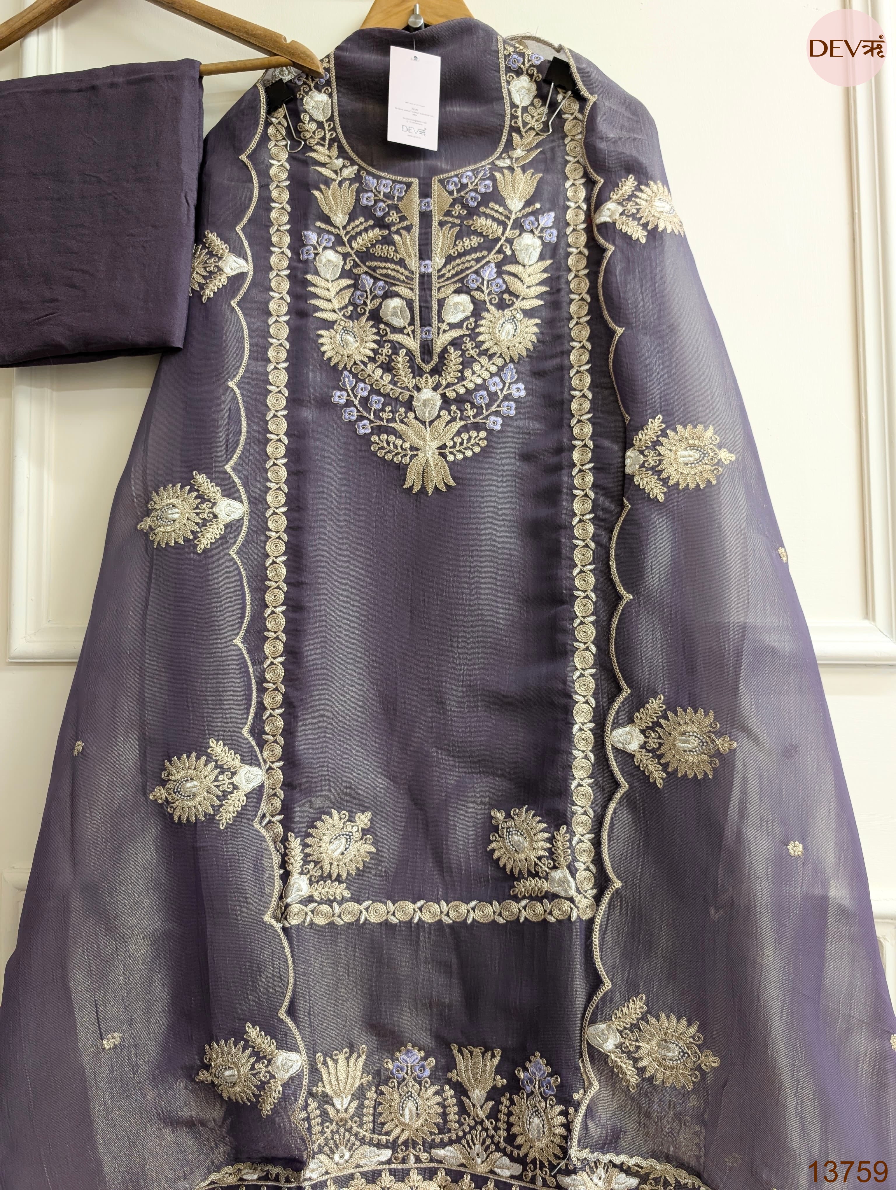 Purple Pure Tissue Silk Embroidered Unstitched 3-Piece Suit (Devri – D.No 13759)