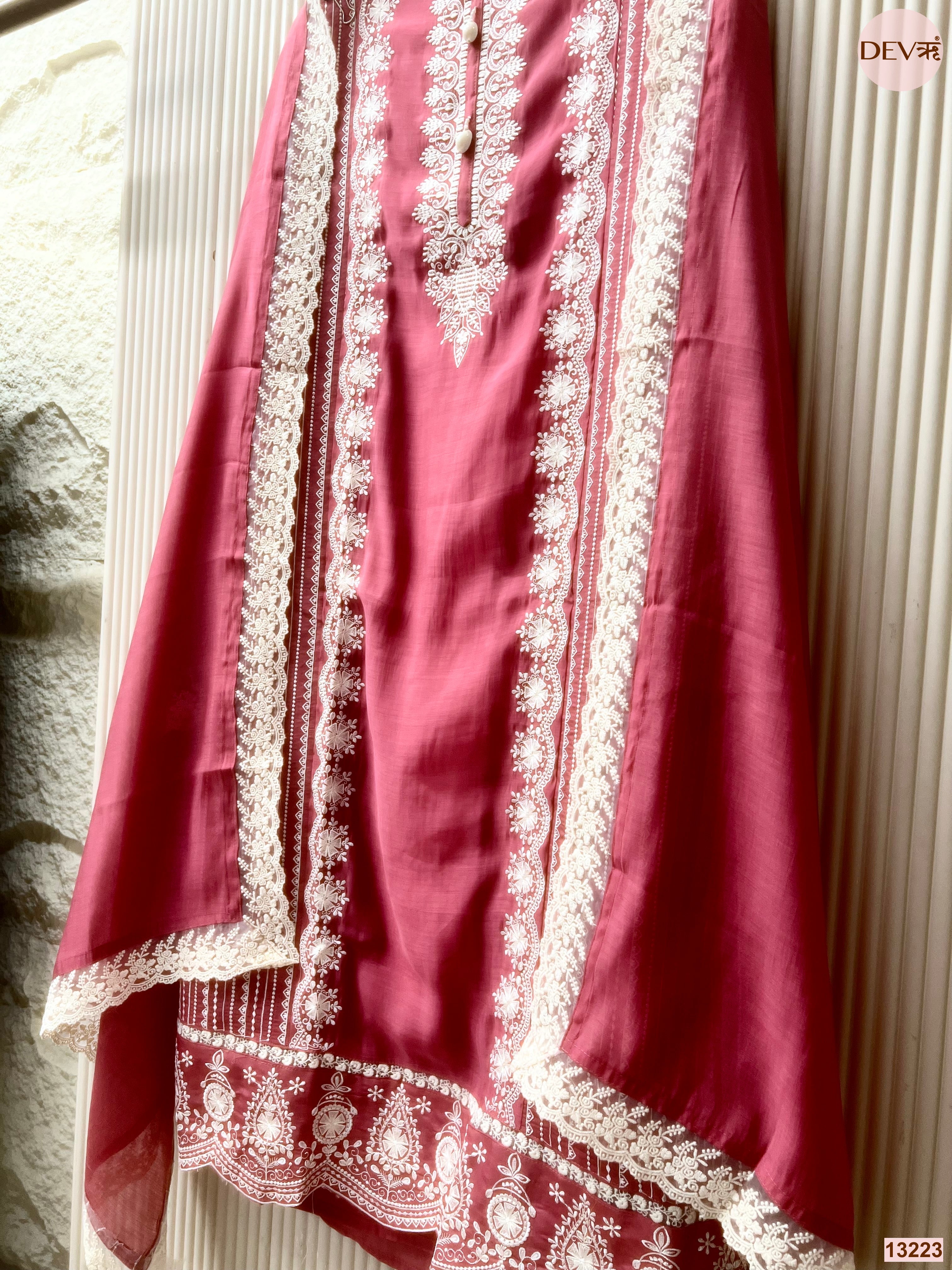 Pink Mul Cotton Embroidered Unstitched 3-Piece Suit (Devri – D.No 13223)