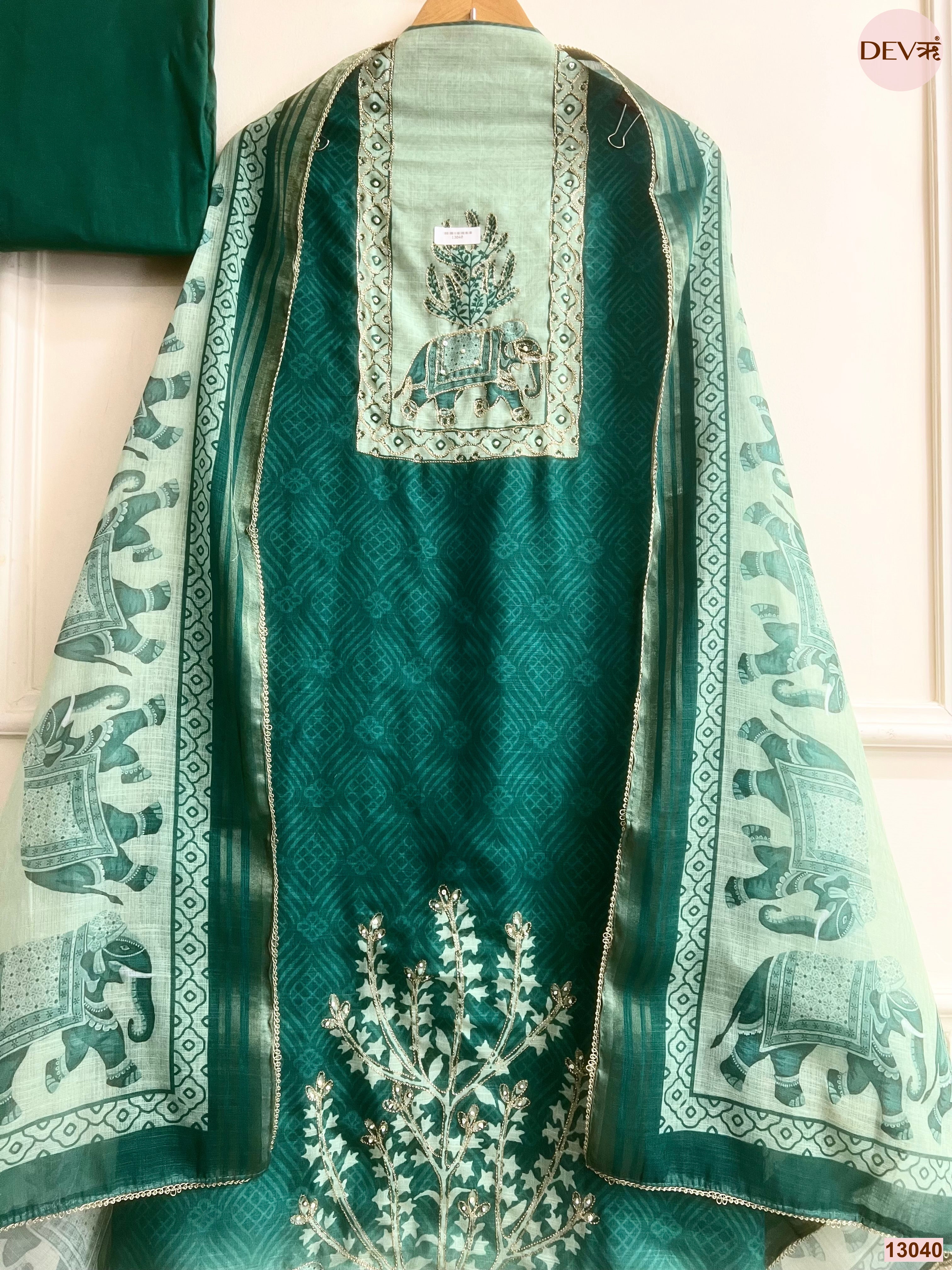 Green Linen Cotton Printed Unstitched 3-Piece Suit (Devri – D.No 13040)