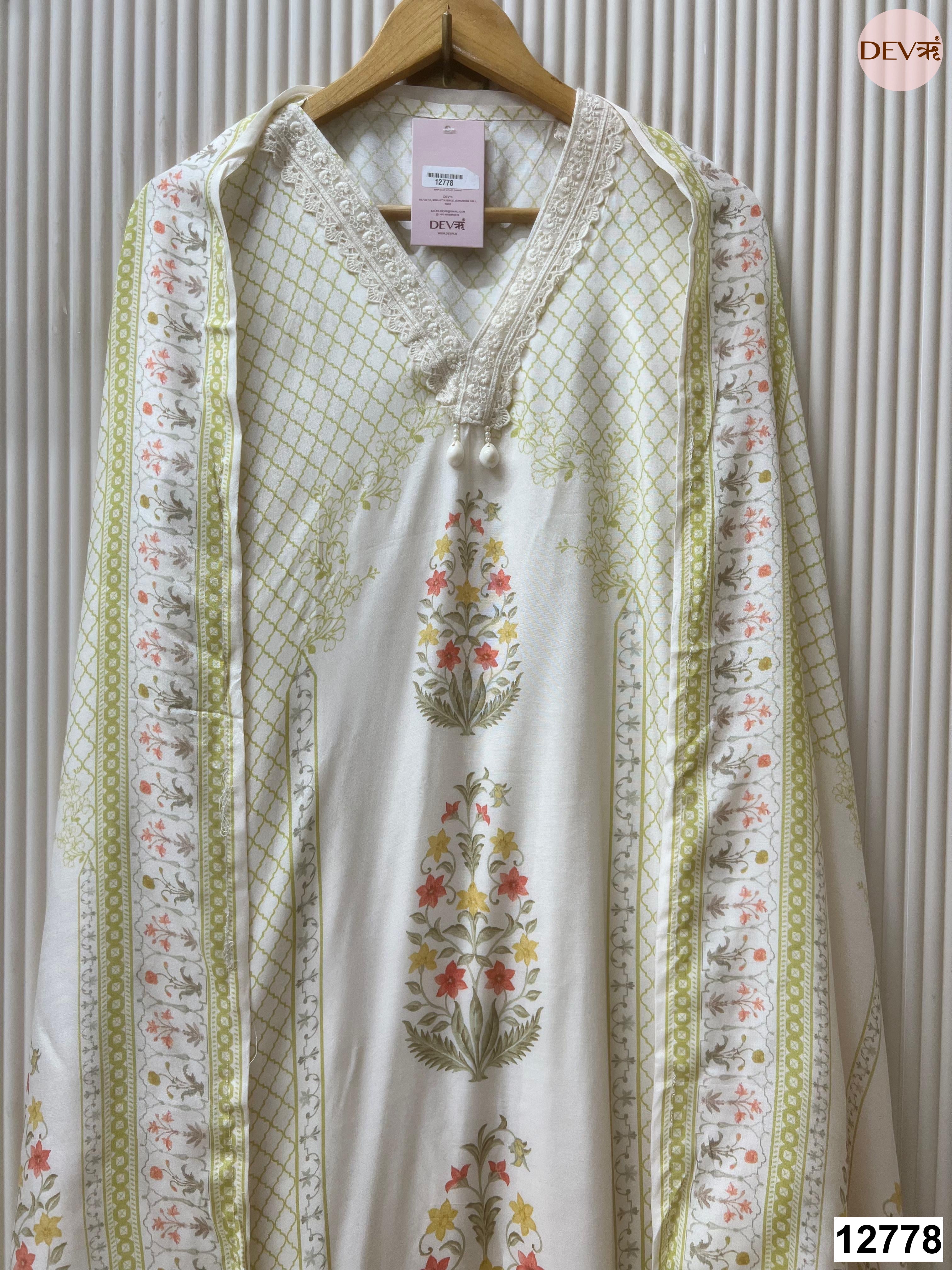 White Muslin Printed Unstitched 3-Piece Suit (Devri – D.No 12778)