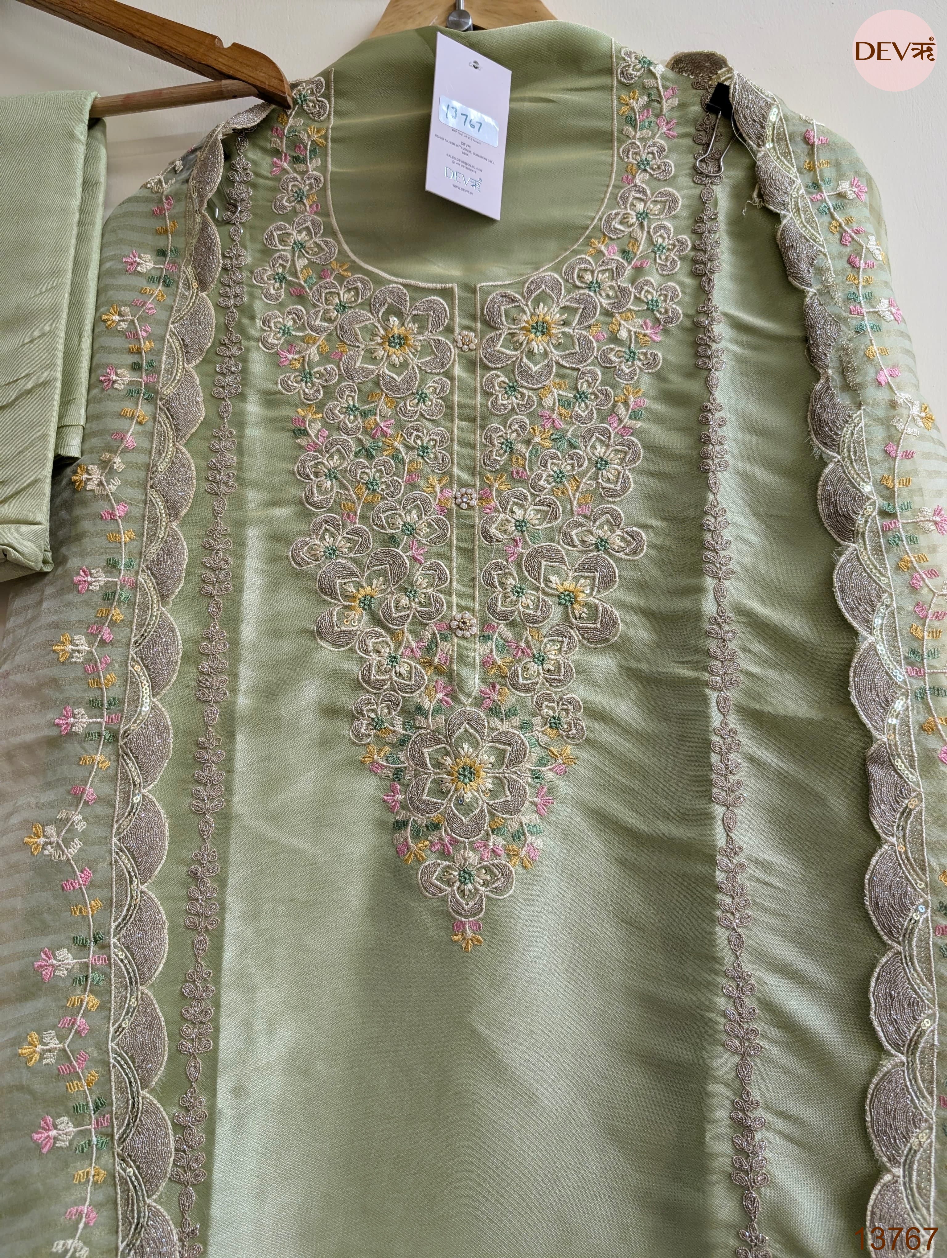Sage Tissue Silk Embroidered Unstitched 3-Piece Suit (Devri – D.No 13767)