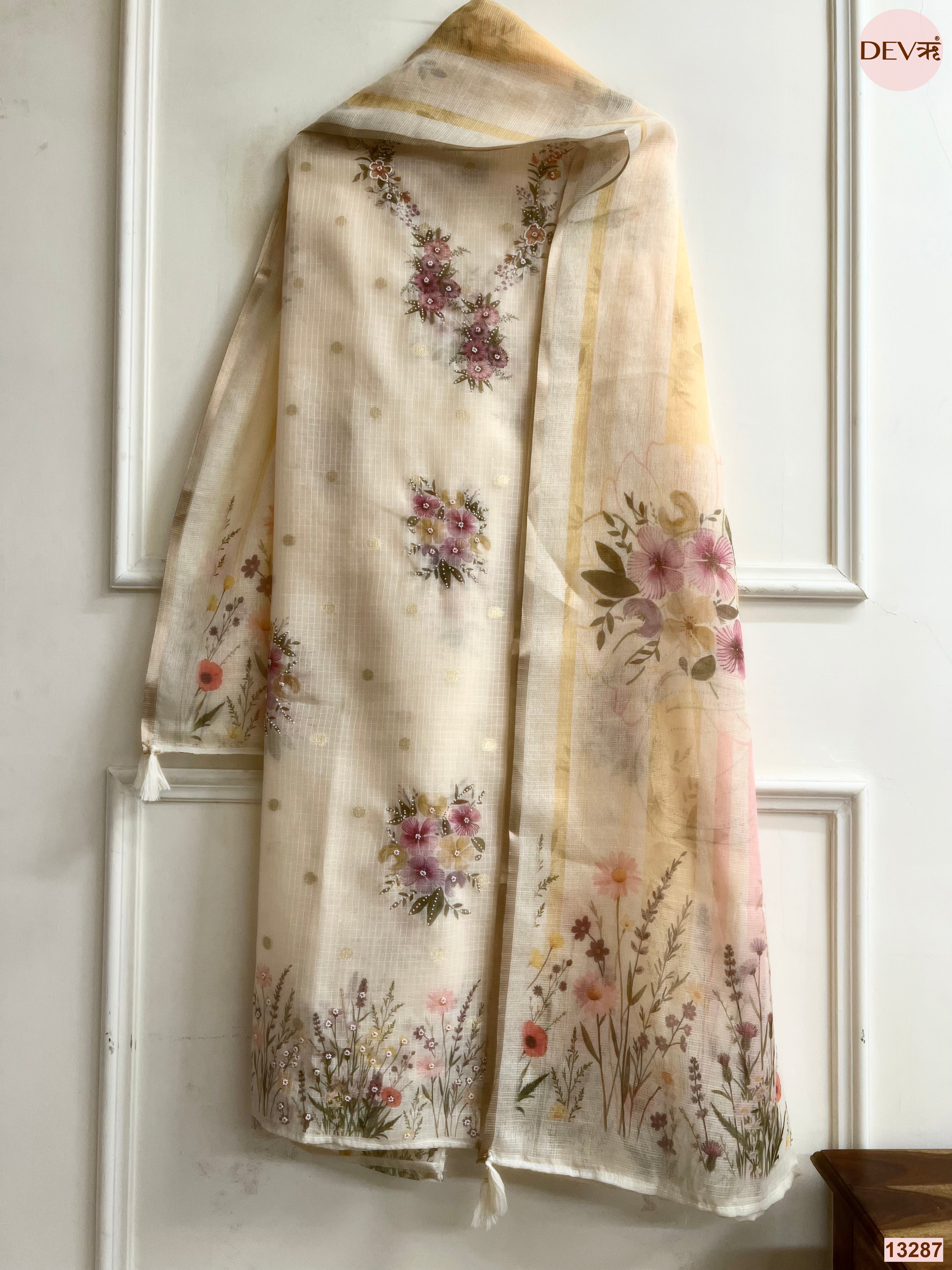 Cream Kota Cotton Printed Unstitched 3-Piece Suit (Devri – D.No 13287)