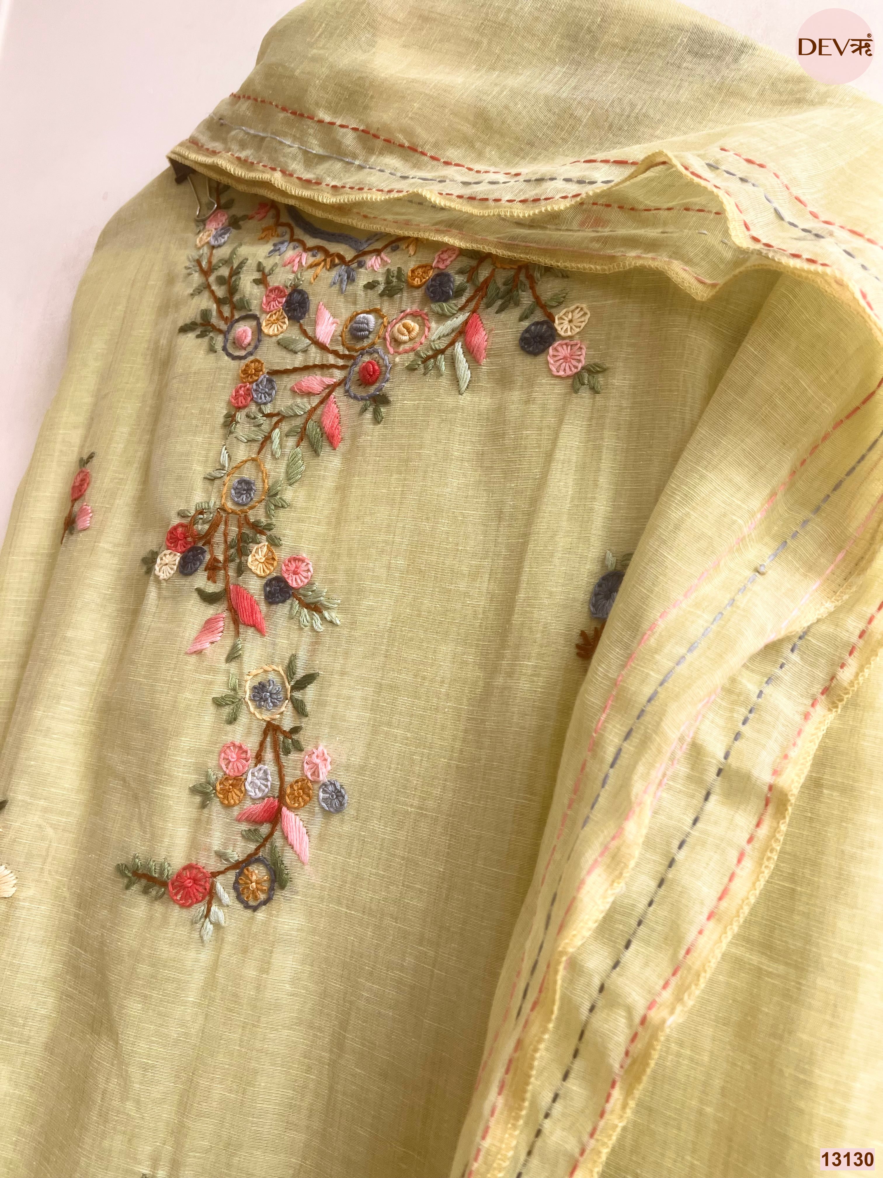 Lime Jamdani Cotton Embroidered Unstitched 3-Piece Suit (Devri – D.No 13130)