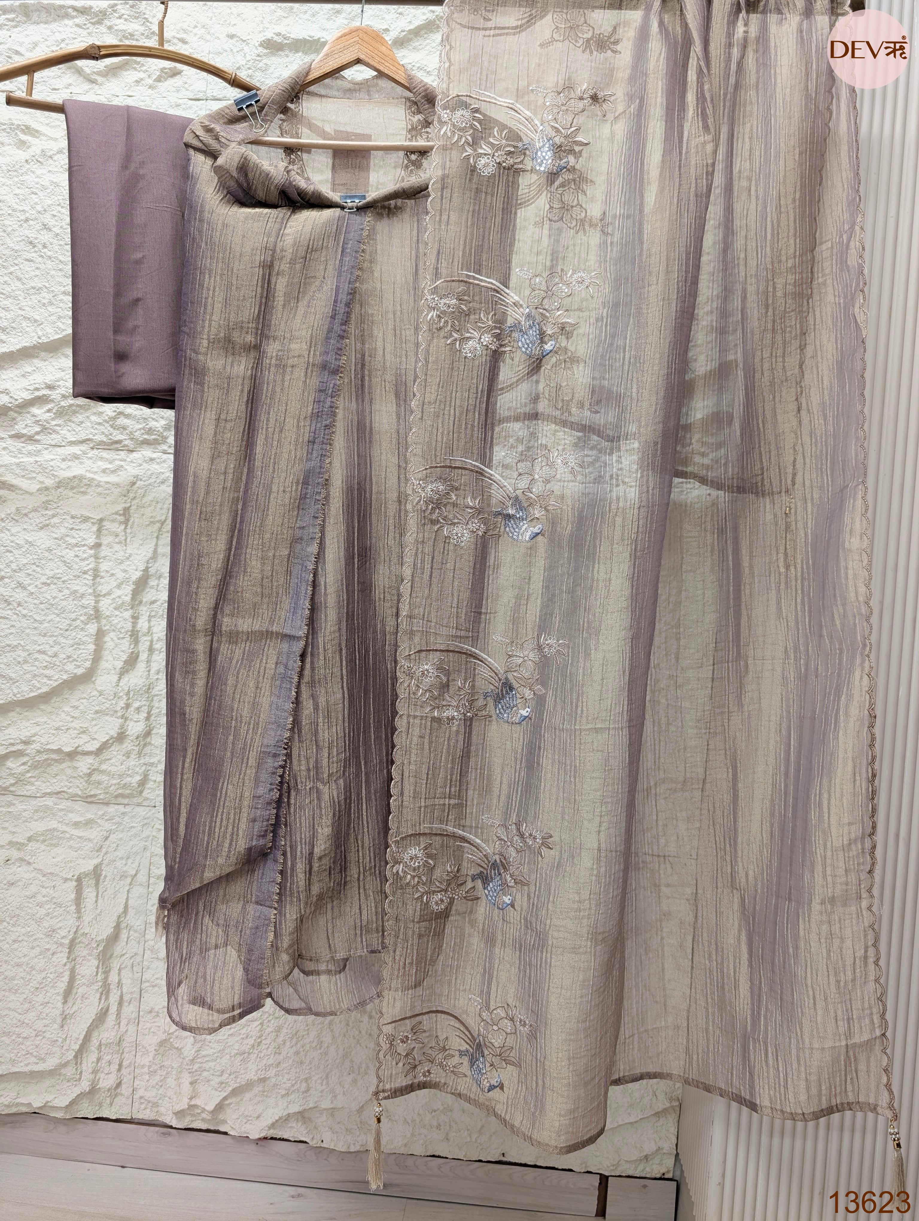Mauve Tissue Crush Silk Embroidered Unstitched 3-Piece Suit (Devri – D.No 13623)
