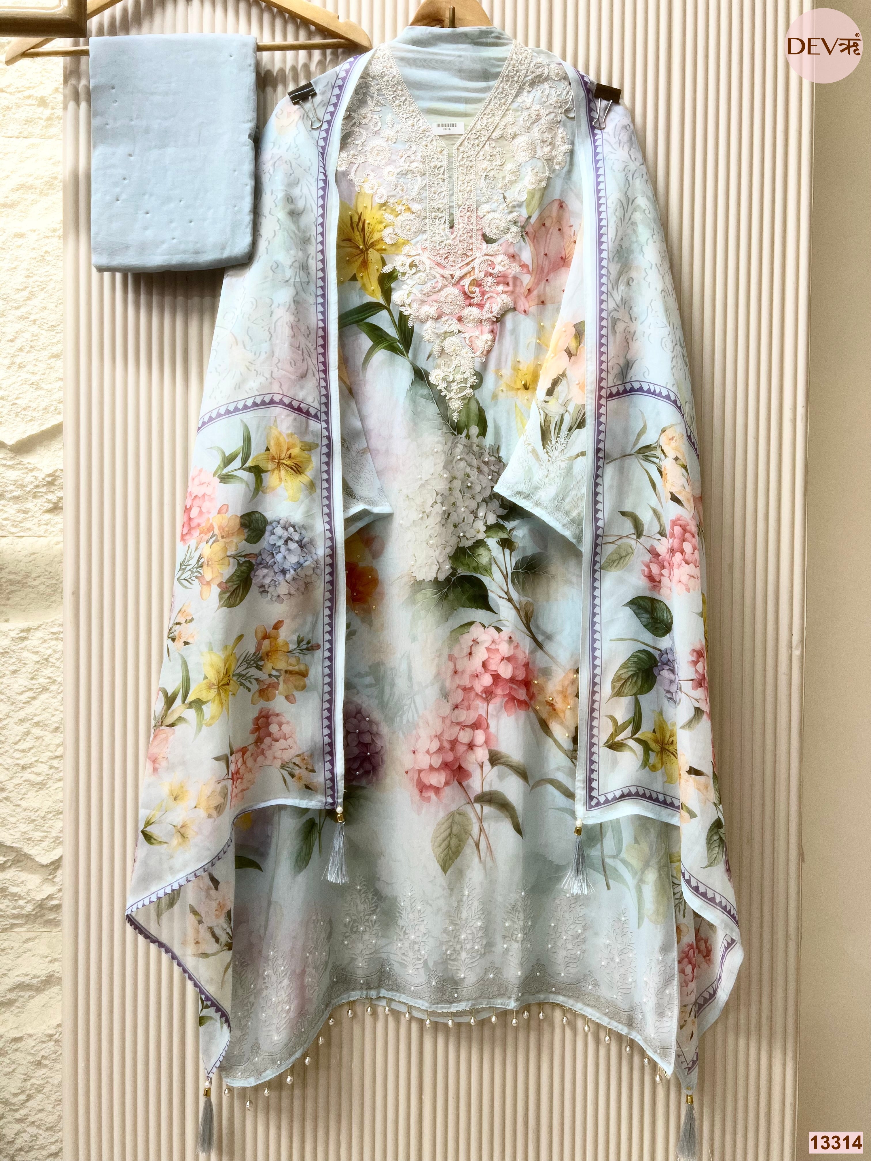 Blue Organza Printed Unstitched 3-Piece Suit (Devri – D.No 13314)