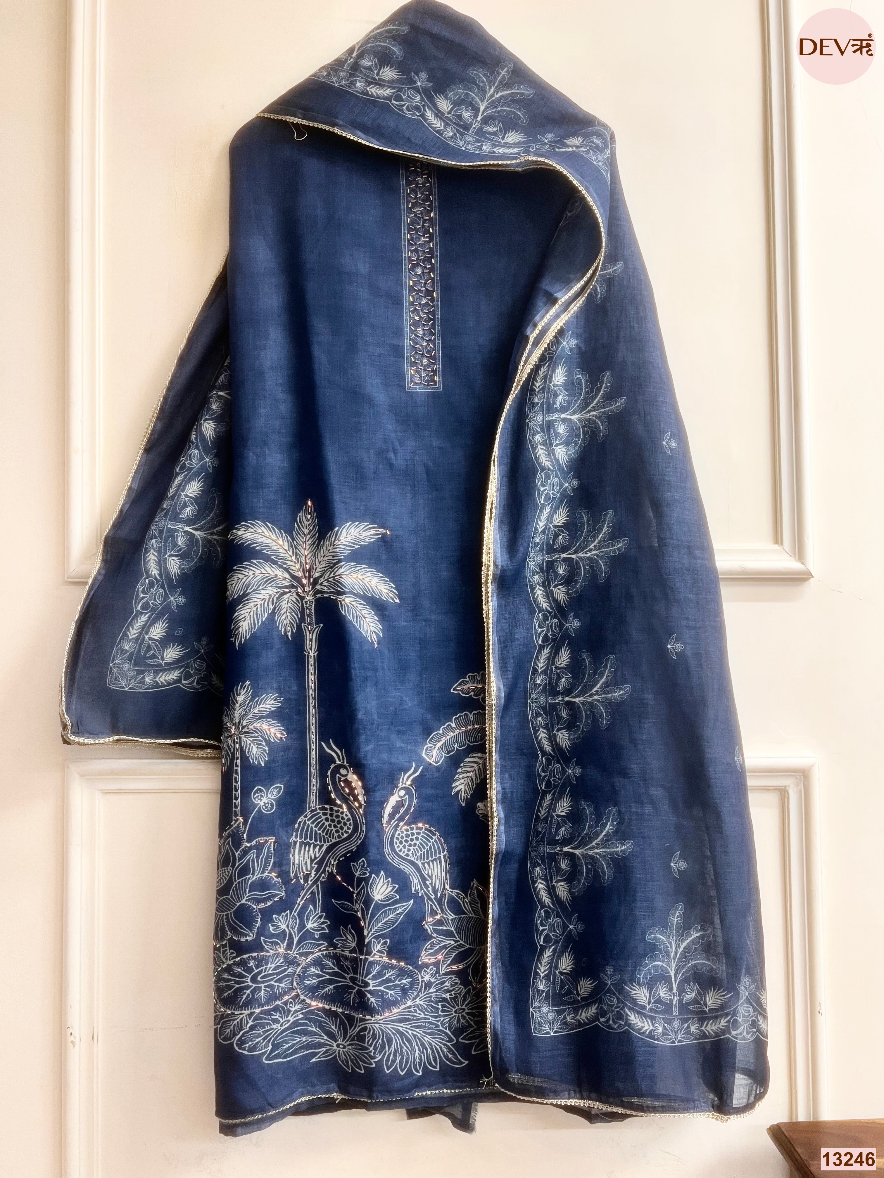 Navy Linen Cotton Printed Unstitched 3-Piece Suit (Devri – D.No 13246)