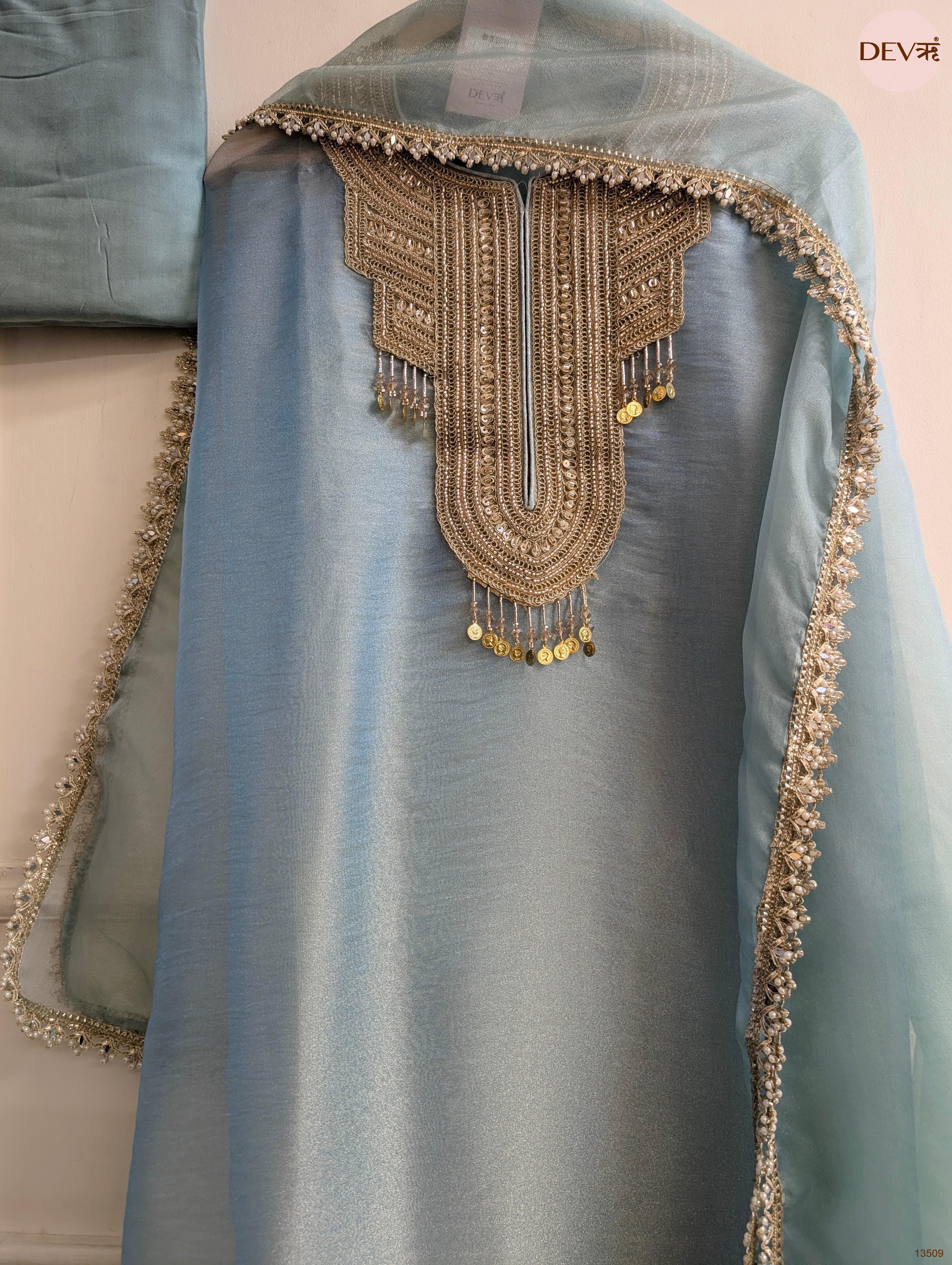 Blue Tissue Silk Embroidered Unstitched 3-Piece Suit (Devri – D.No 13509)