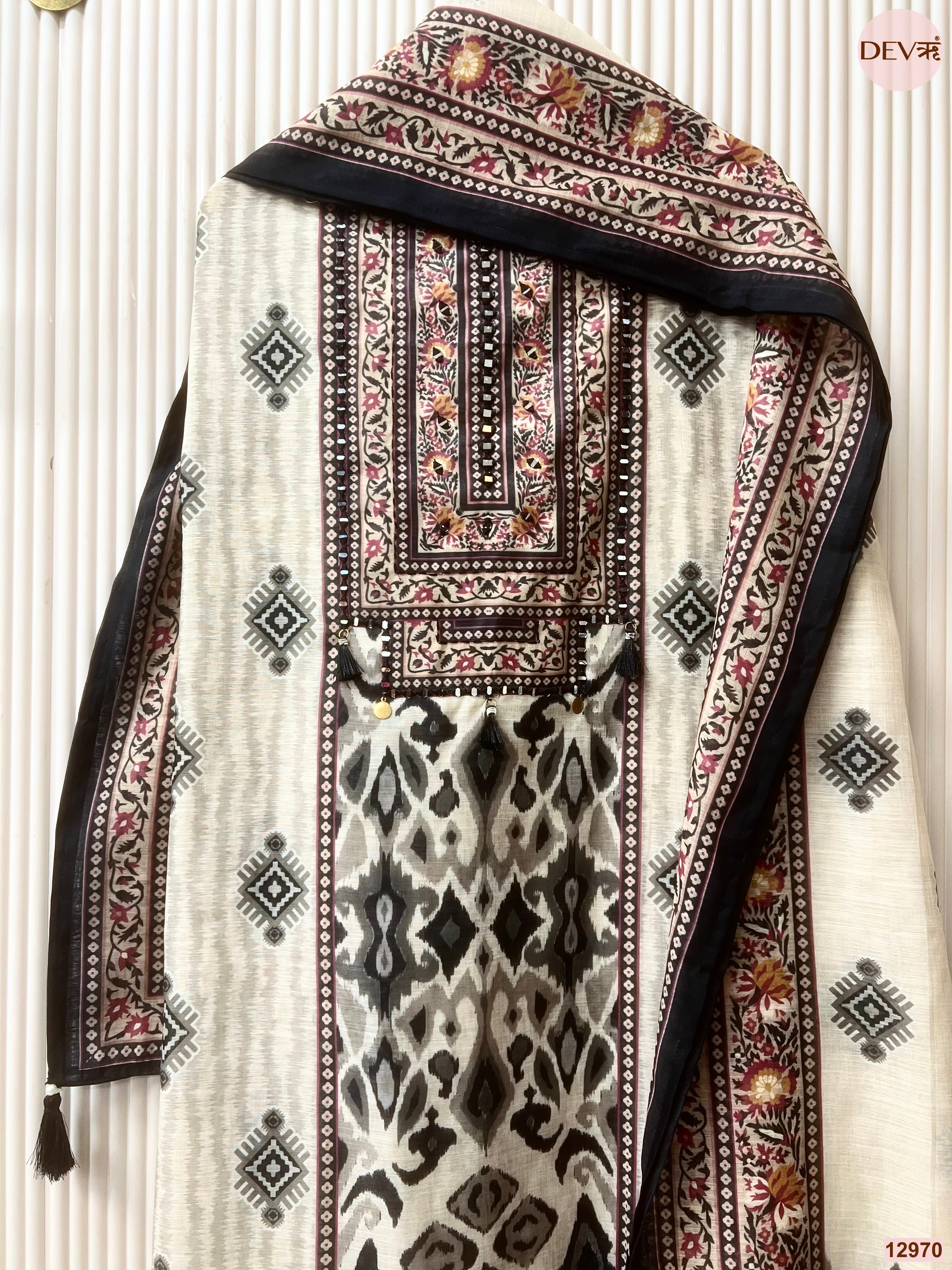 Off White Linen Cotton Printed Unstitched 3-Piece Suit (Devri – D.No 12970)
