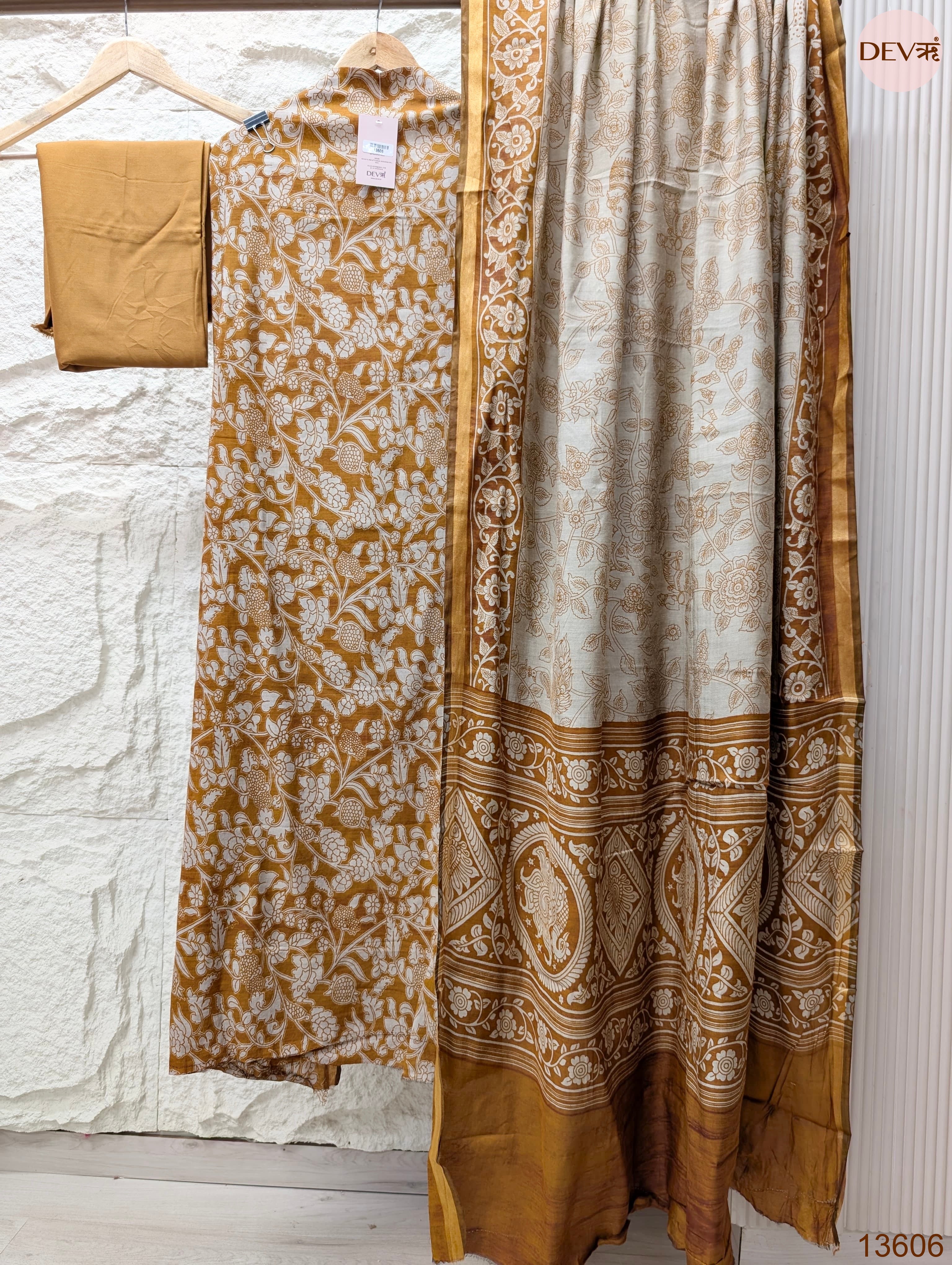 Mustard Maheshwari Silk Printed Unstitched 3-Piece Suit (Devri – D.No 13606)