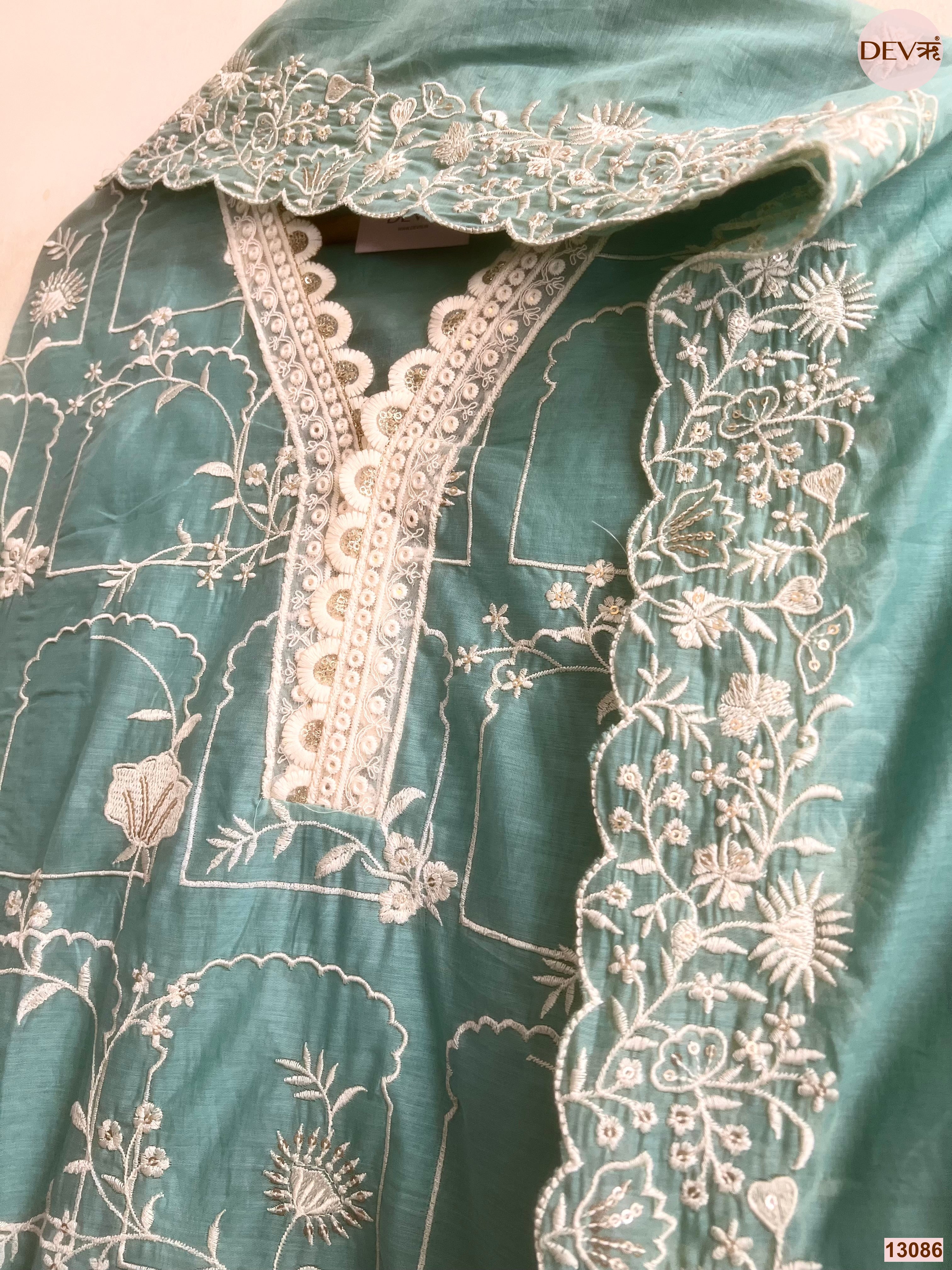 Aqua Mul Chanderi Embroidered Unstitched 3-Piece Suit (Devri – D.No 13086)