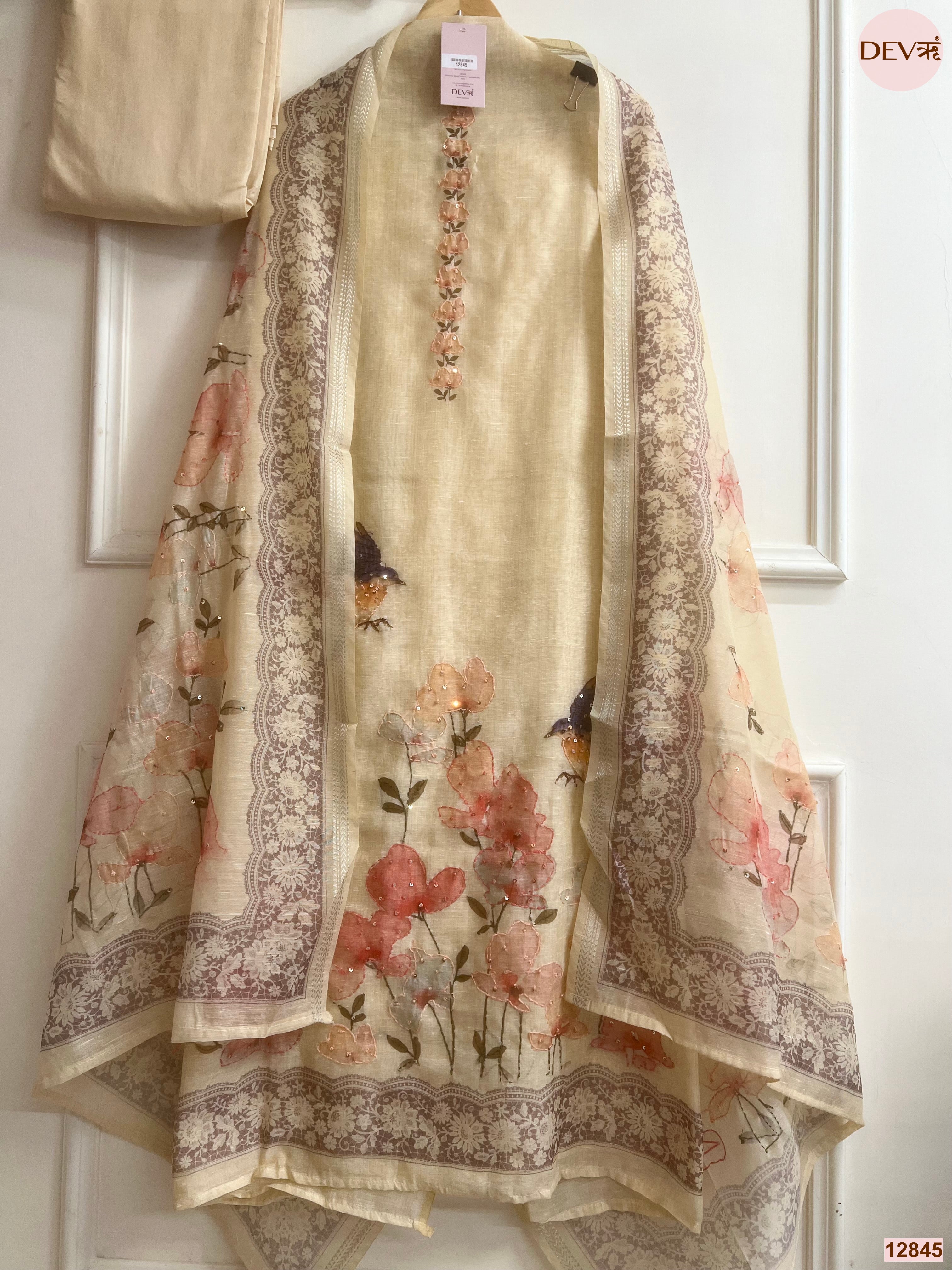 Cream Mul Chanderi Printed Unstitched 3-Piece Suit (Devri – D.No 12845)