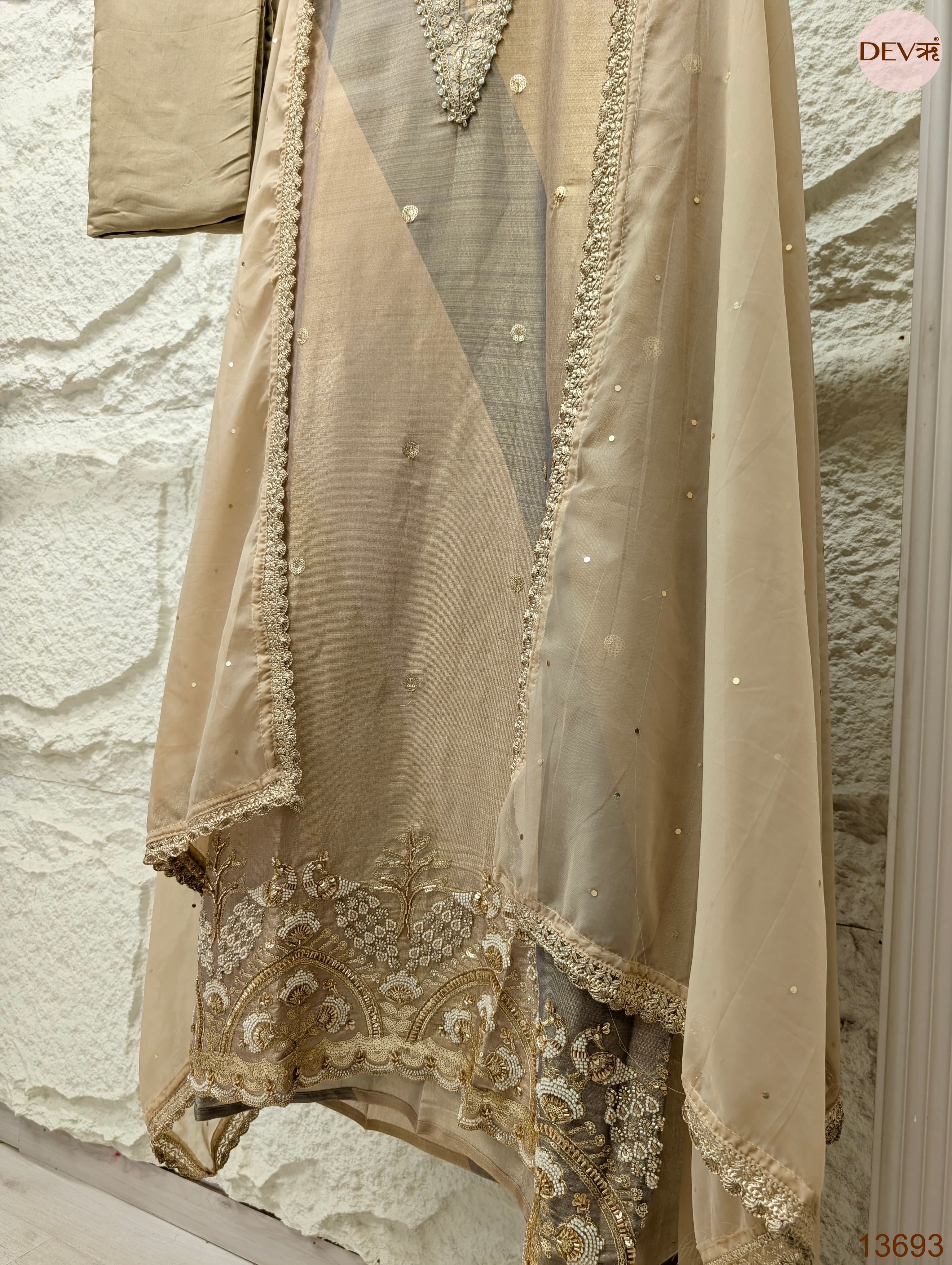 Beige Tissue Silk Embroidered Unstitched 3-Piece Suit (Devri – D.No 13693)