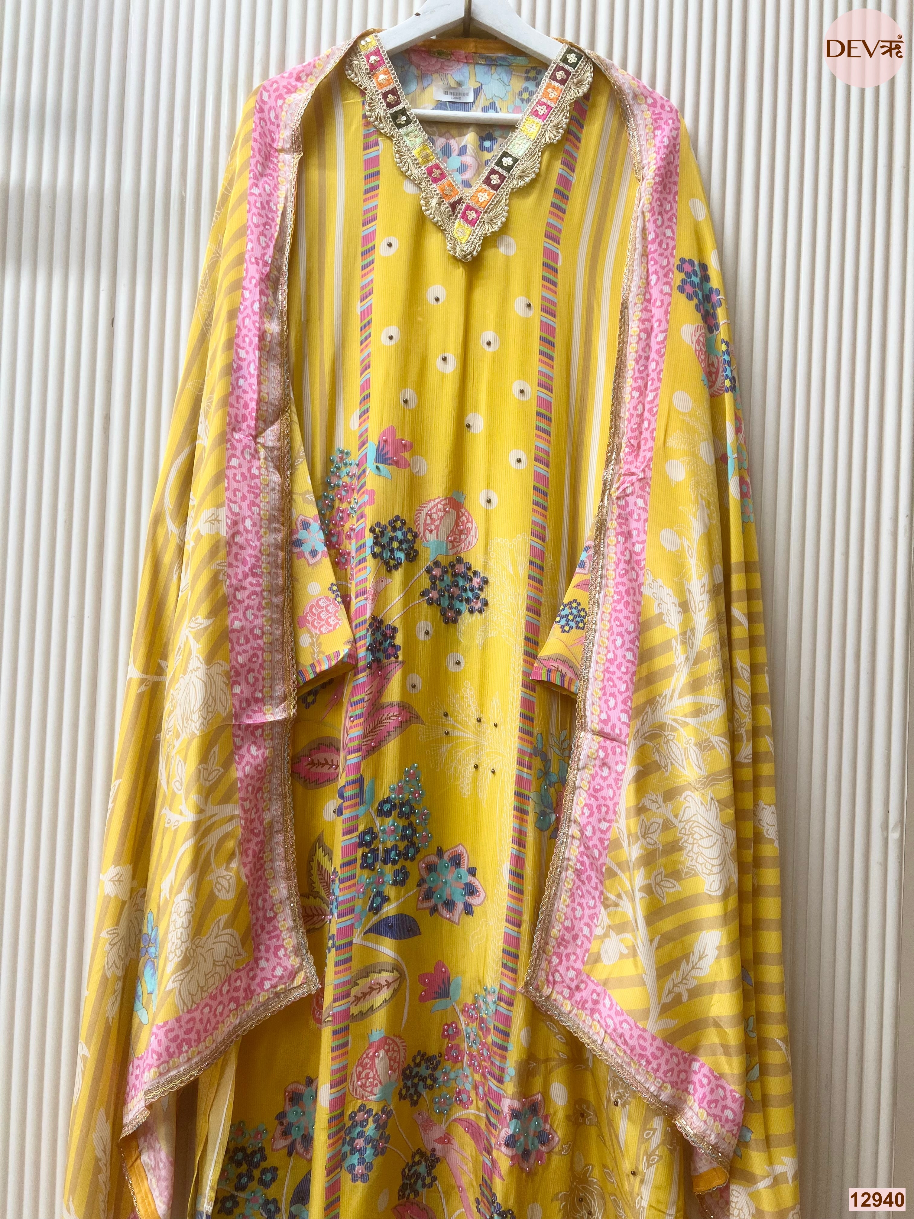 Yellow Natural Crape Printed Unstitched 3-Piece Suit (Devri – D.No 12940)