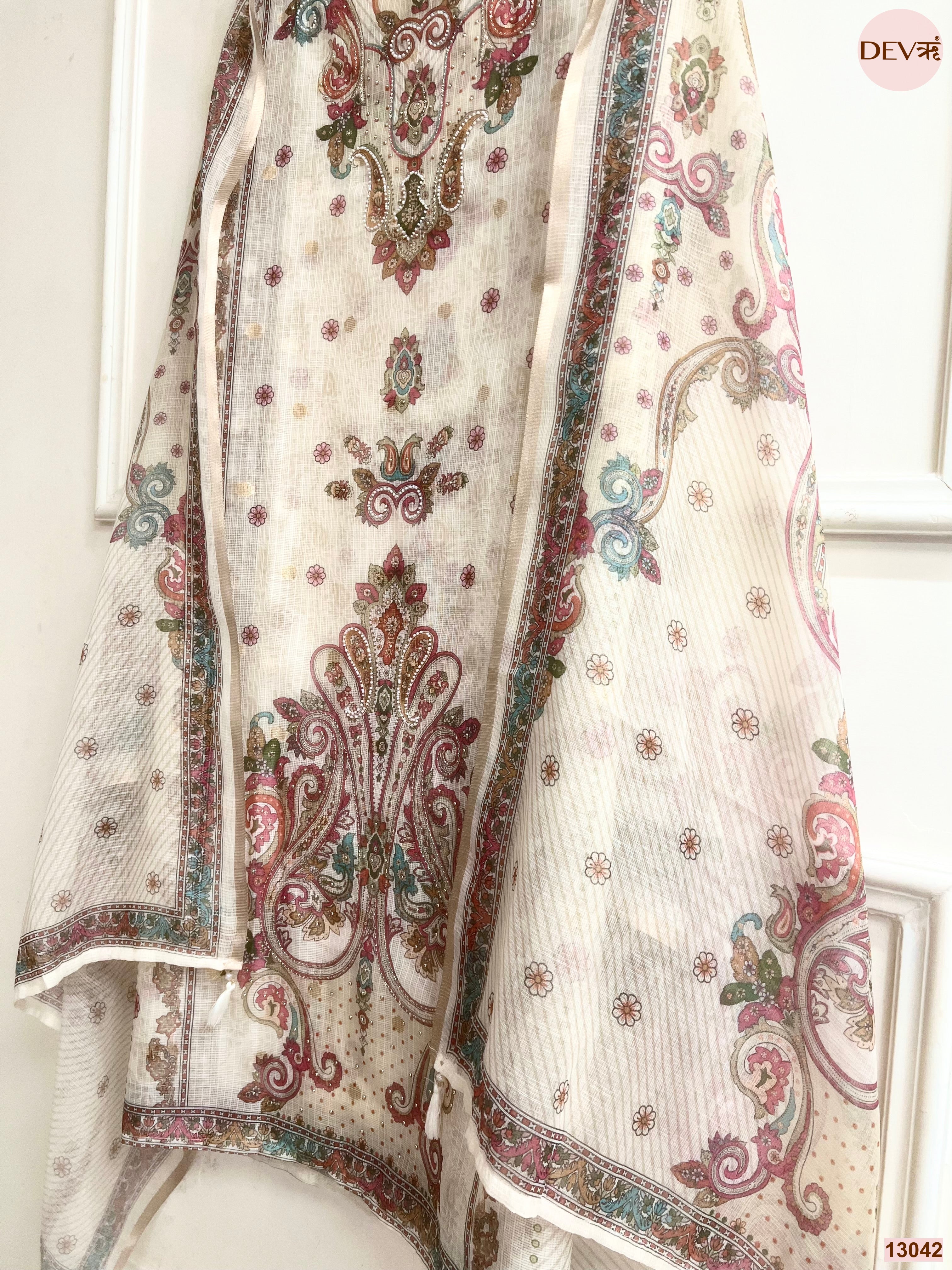 Cream Kota Printed Unstitched 3-Piece Suit (Devri – D.No 13042)