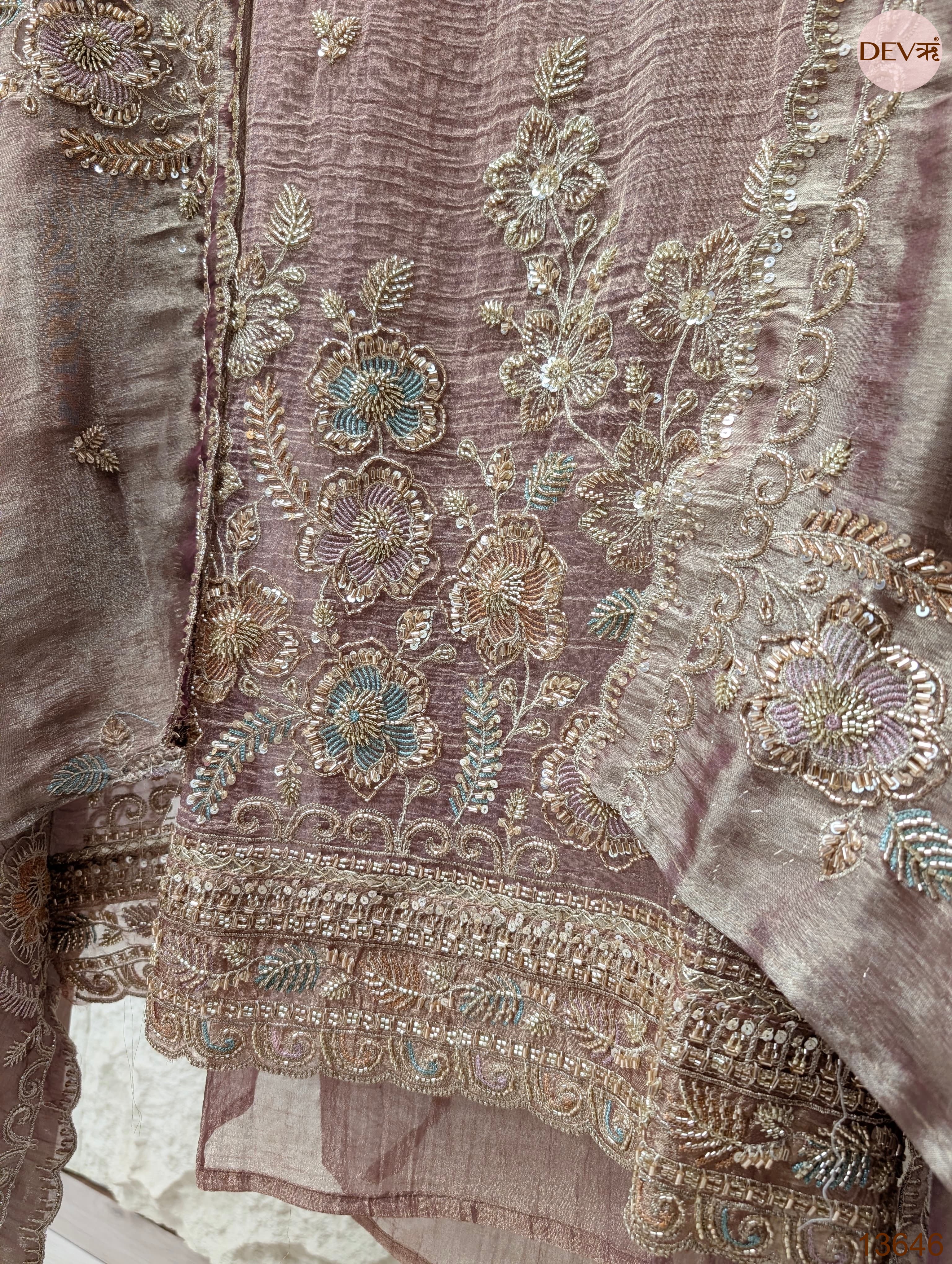 Mauve Tissue Crush Silk Embroidered Unstitched 3-Piece Suit (Devri – D.No 13646)