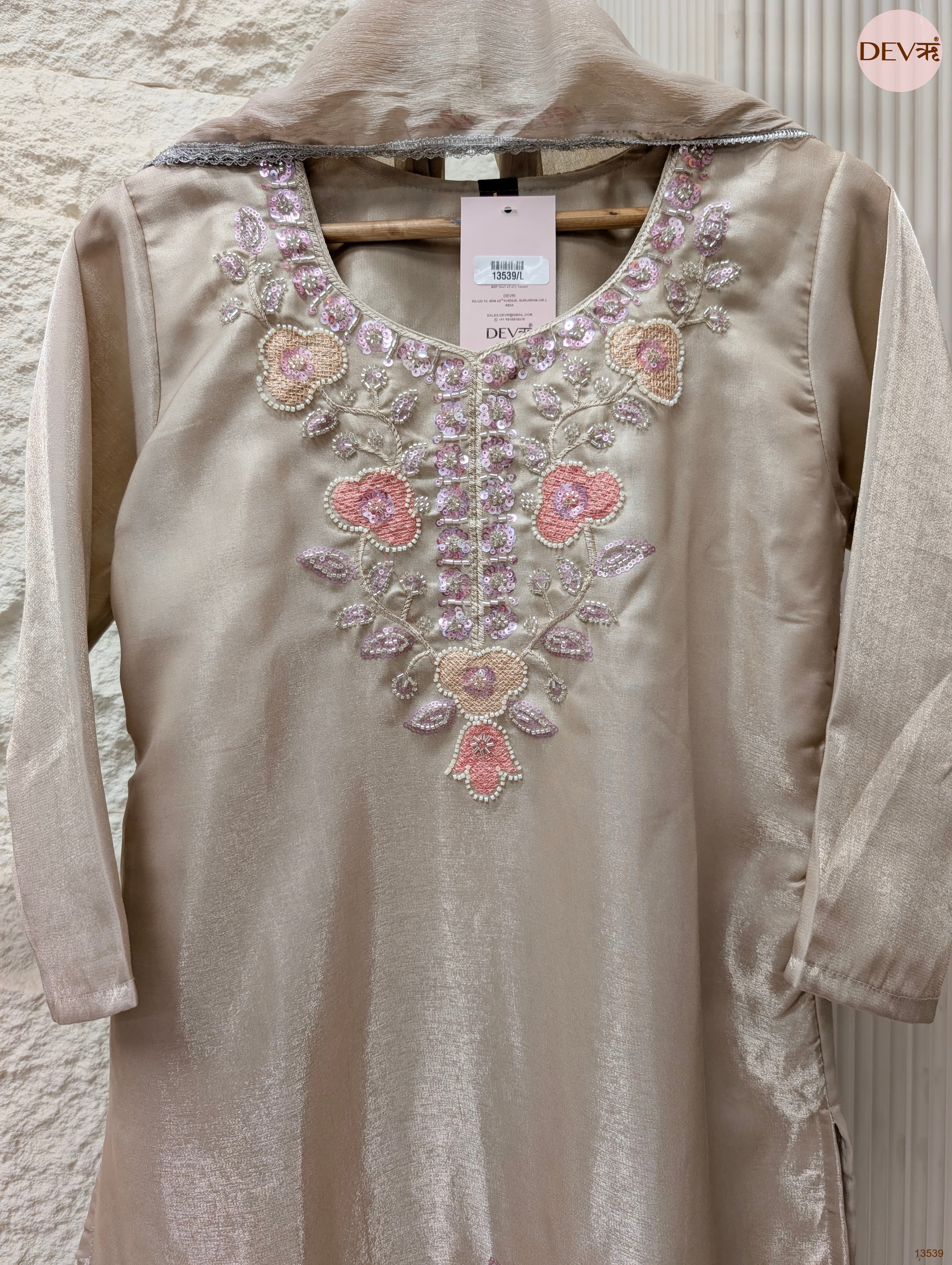 Gulnaar Roman Glass Silk Embroidered Beige 3-Piece Set (Devri – D.No 13539)