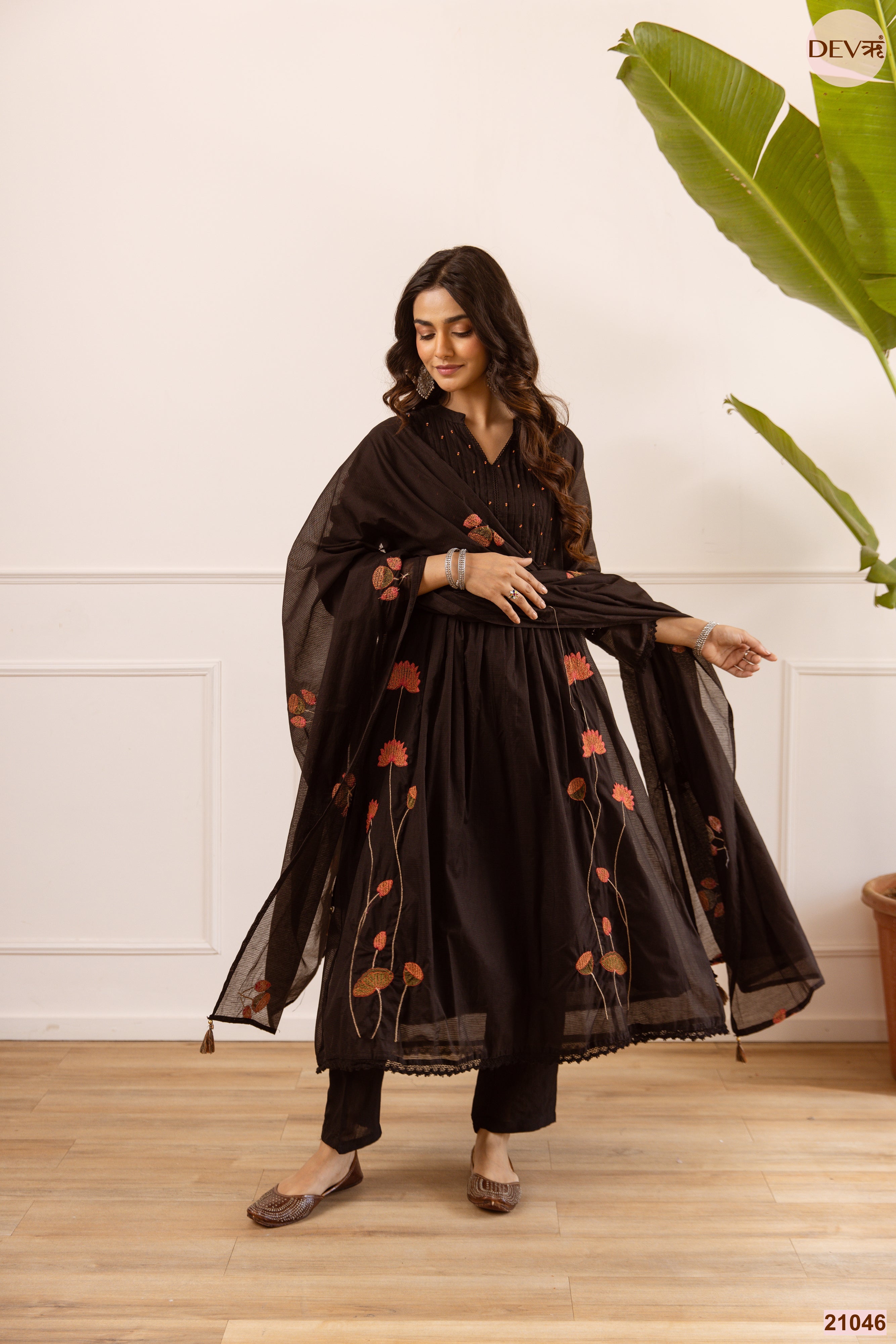 Noor Net Chanderi Embroidered Black 3-Piece Set (Devri – D.No 21046)