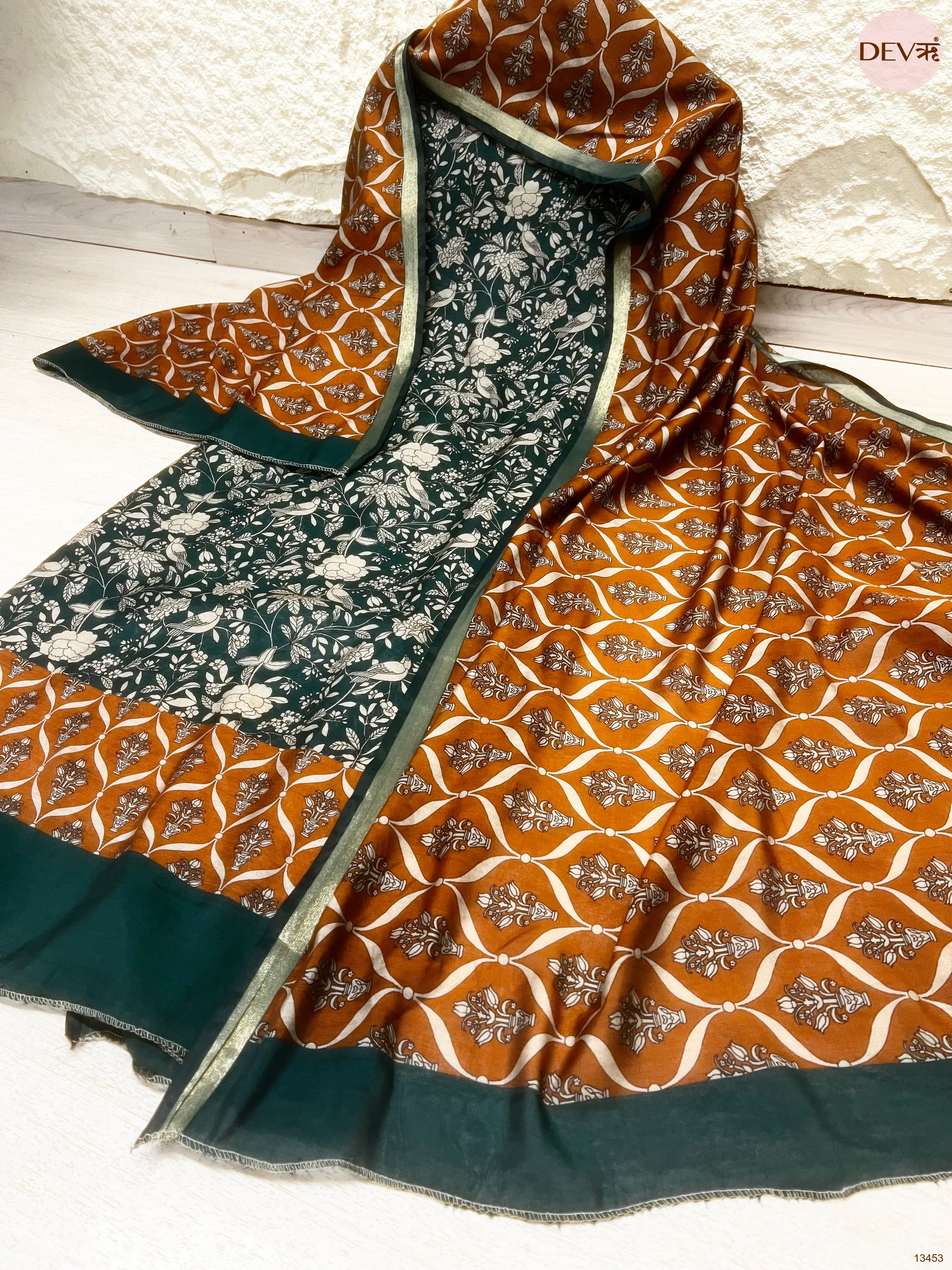 Teal Maheshwari Silk Printed Unstitched 3-Piece Suit (Devri – D.No 13453)