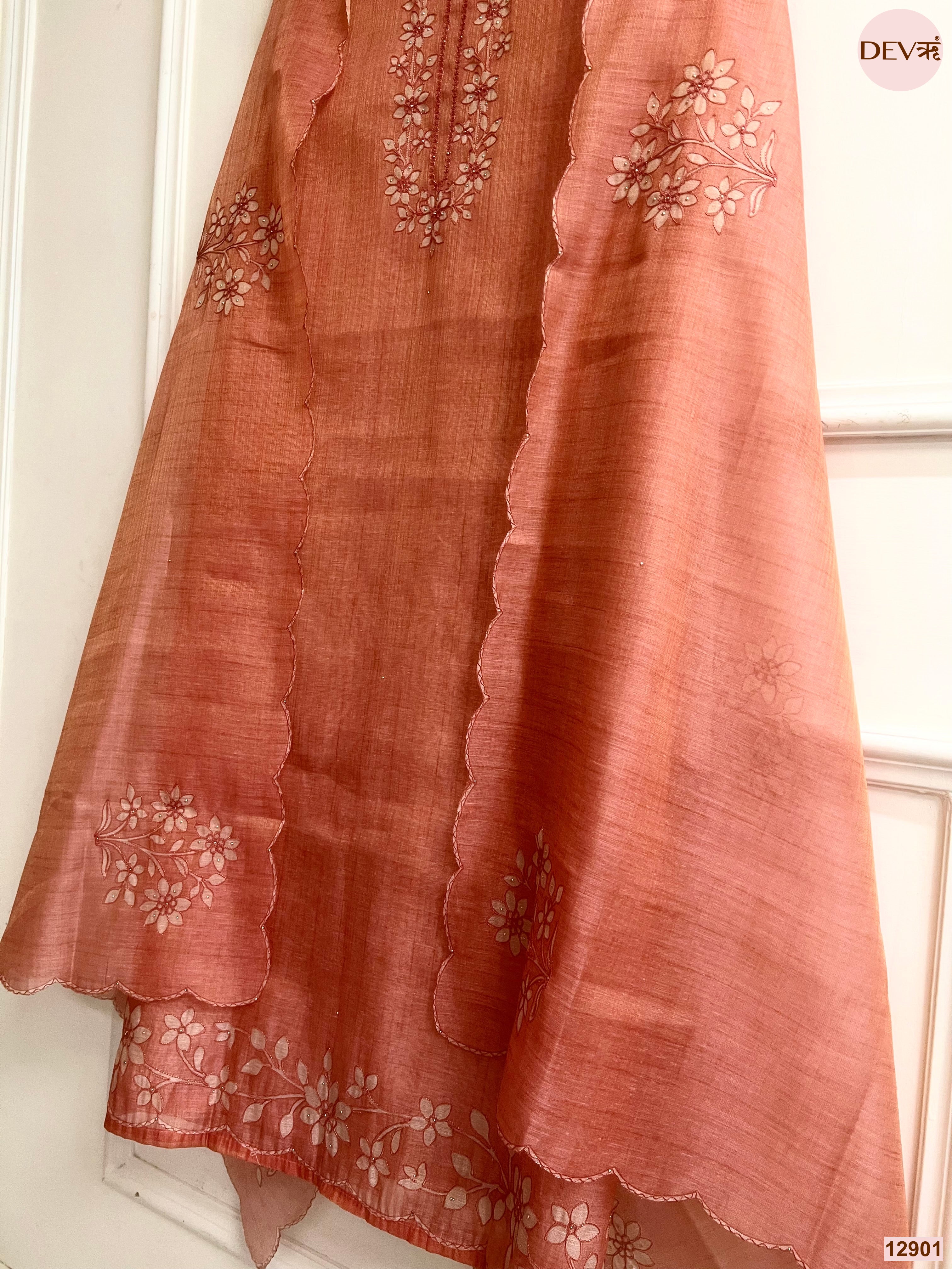 Peach Linen Embroidered Unstitched 3-Piece Suit (Devri – D.No 12901)