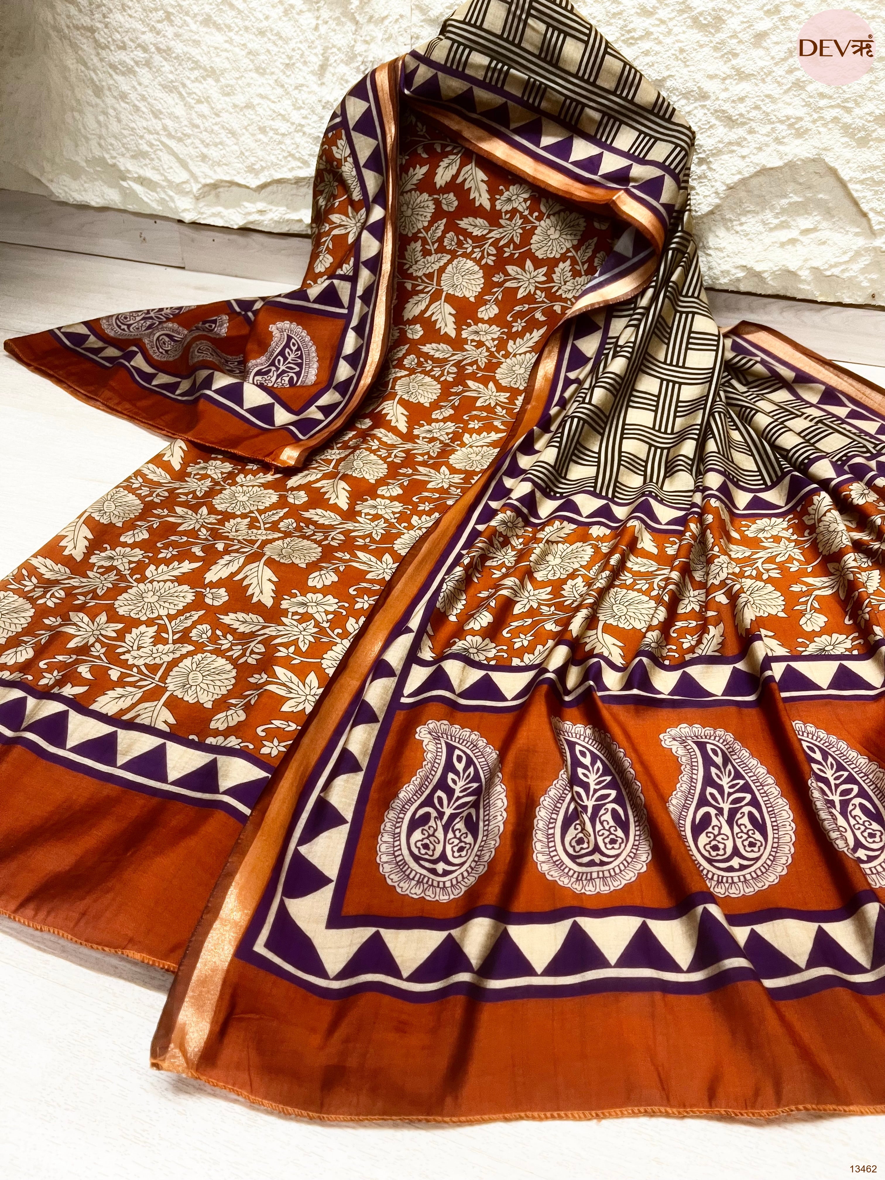 Rust Maheshwari Silk Printed Unstitched 3-Piece Suit (Devri – D.No 13462)