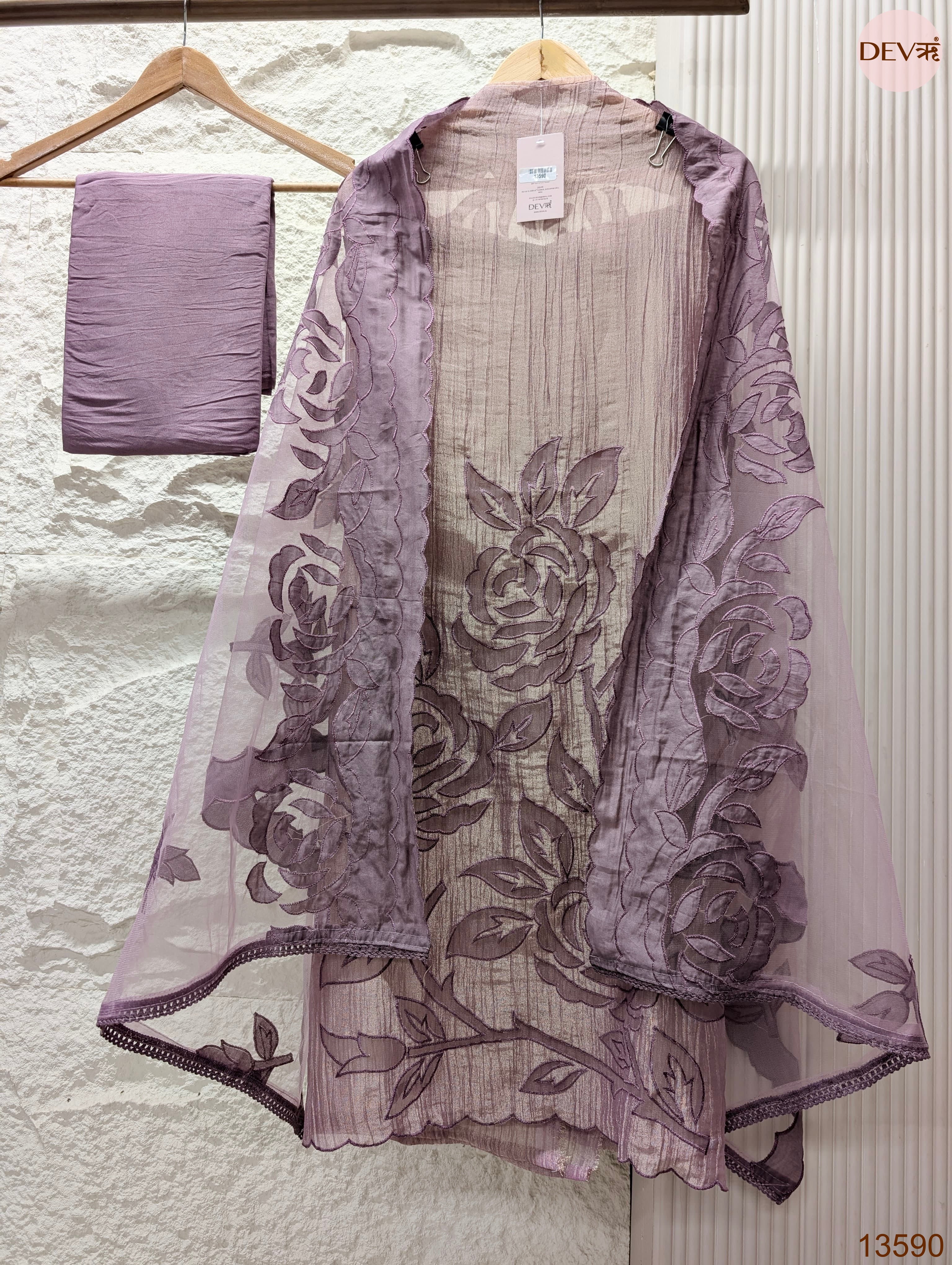 Purple Tissue Crush Silk Embroidered Unstitched 3-Piece Suit (Devri – D.No 13590)