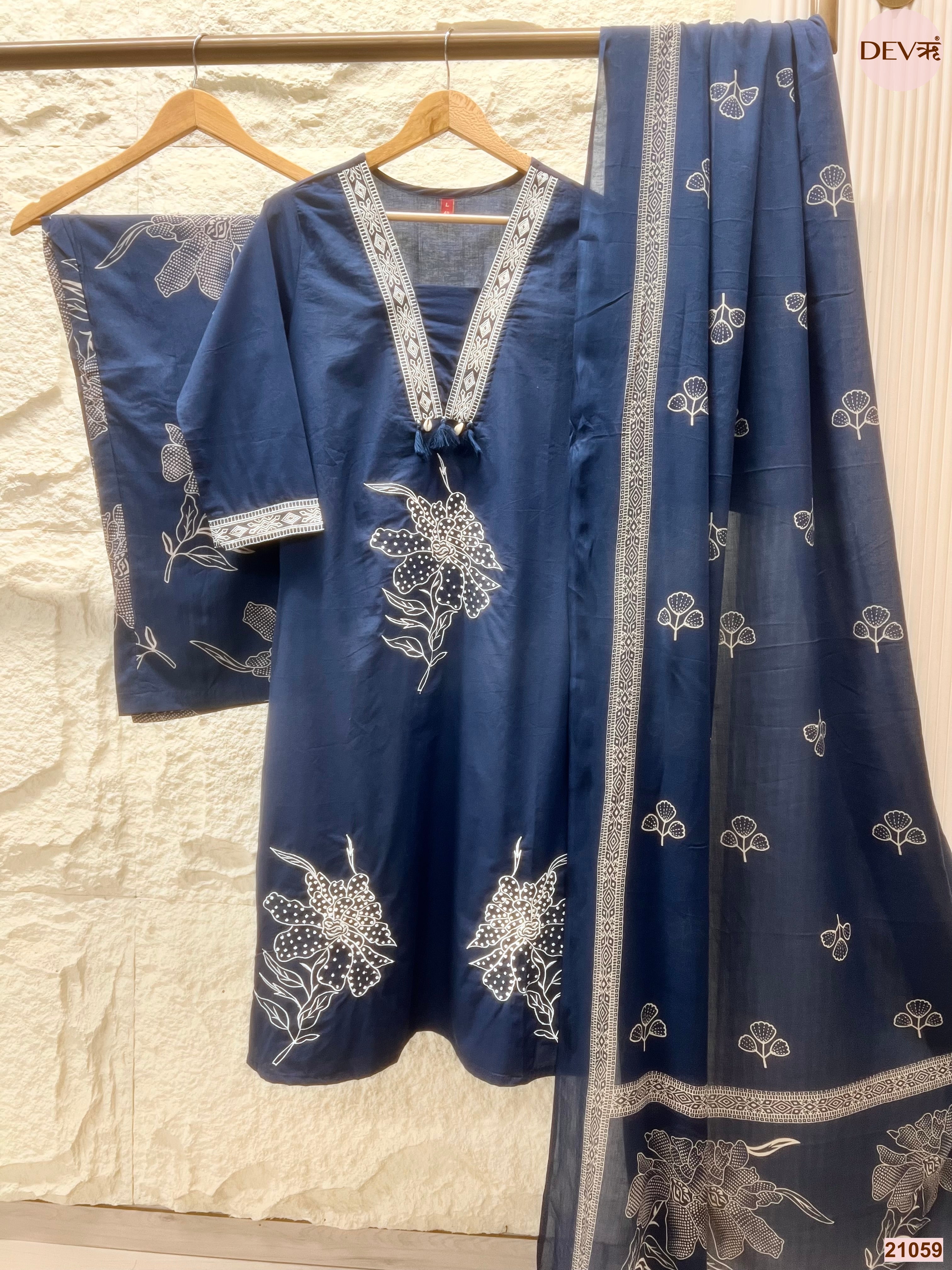Neelambari Cotton Slub Printed Navy Blue 3-Piece Set (Devri – D.No 21059)