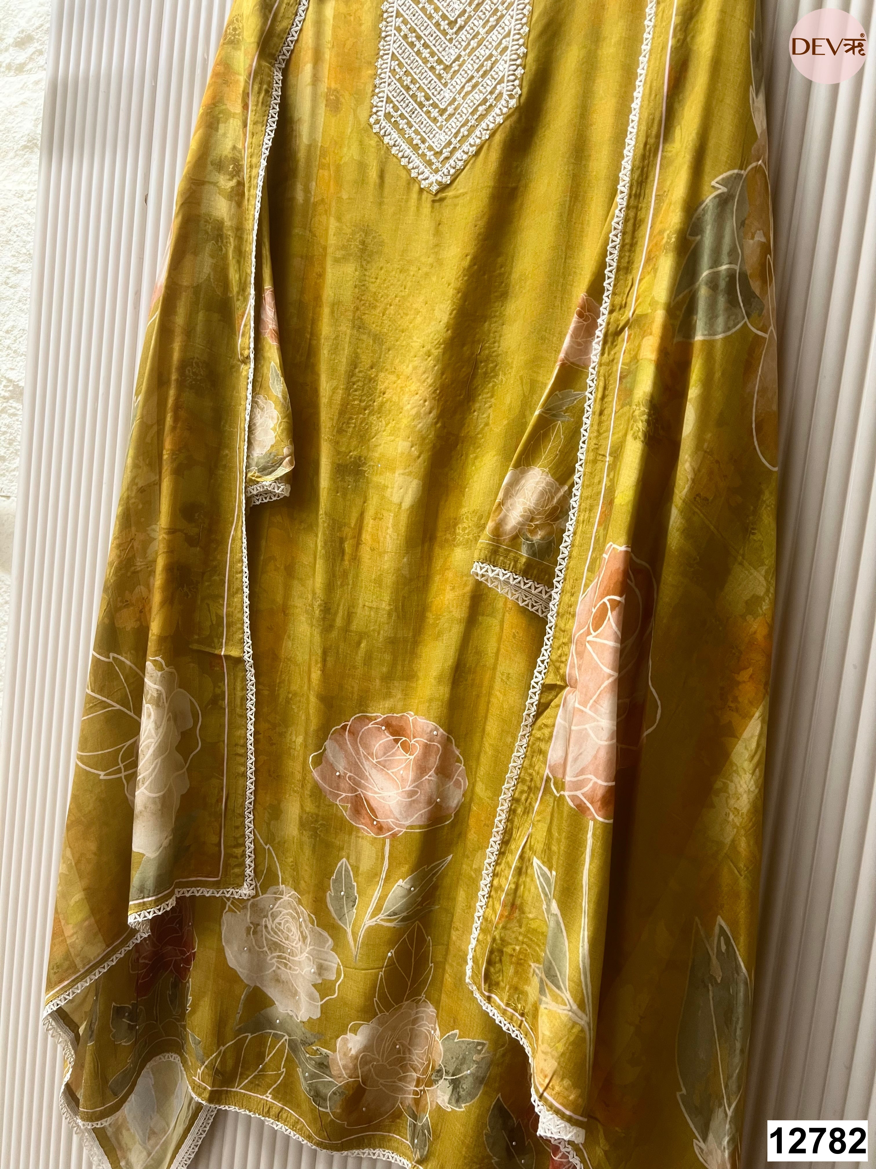 Mustard Muslin Printed Unstitched 3-Piece Suit (Devri – D.No 12782)
