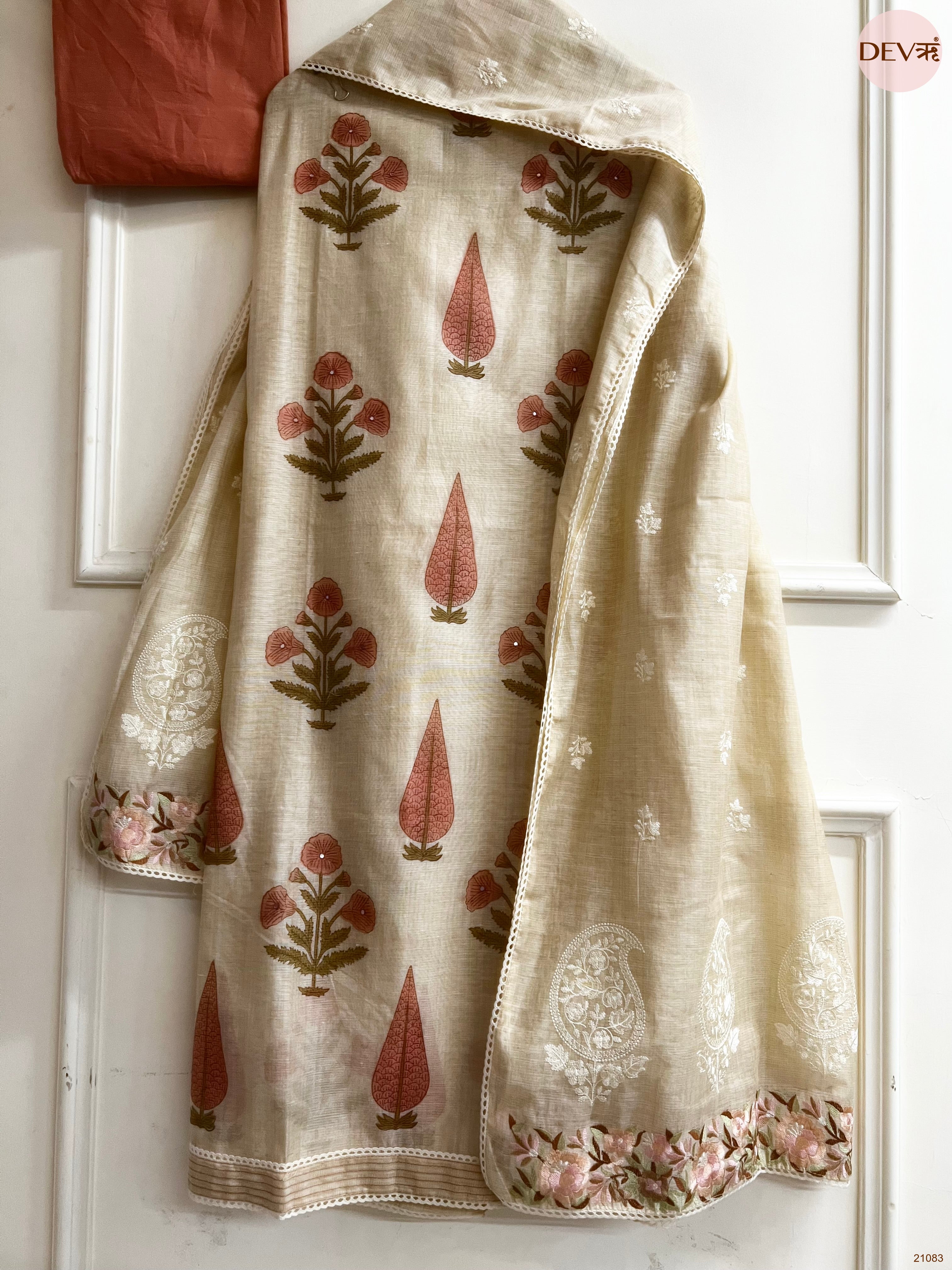Beige Mul Chanderi Printed Unstitched 3-Piece Suit (Devri – D.No 21083)