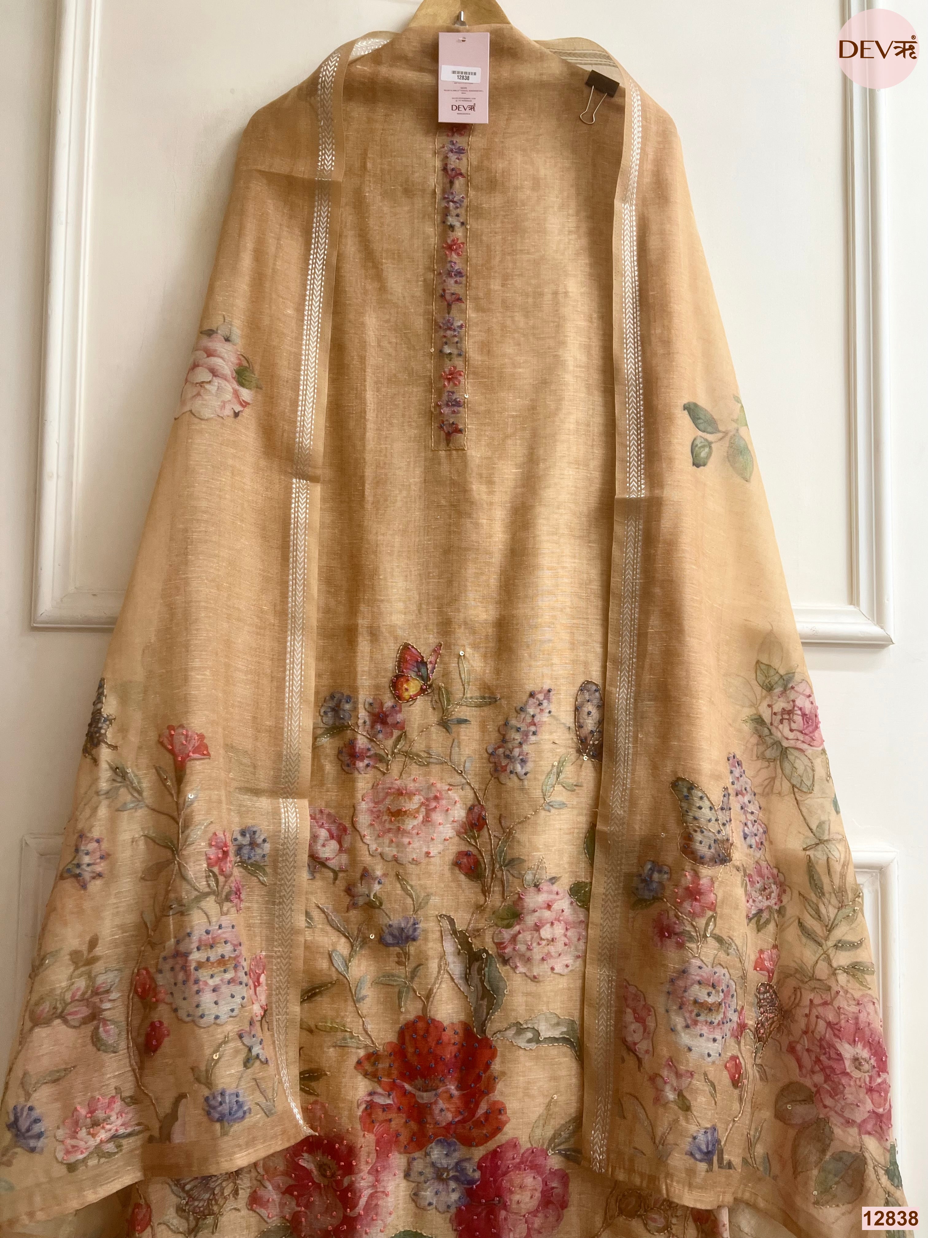 Beige Mul Chanderi Printed Unstitched 3-Piece Suit (Devri – D.No 12838)