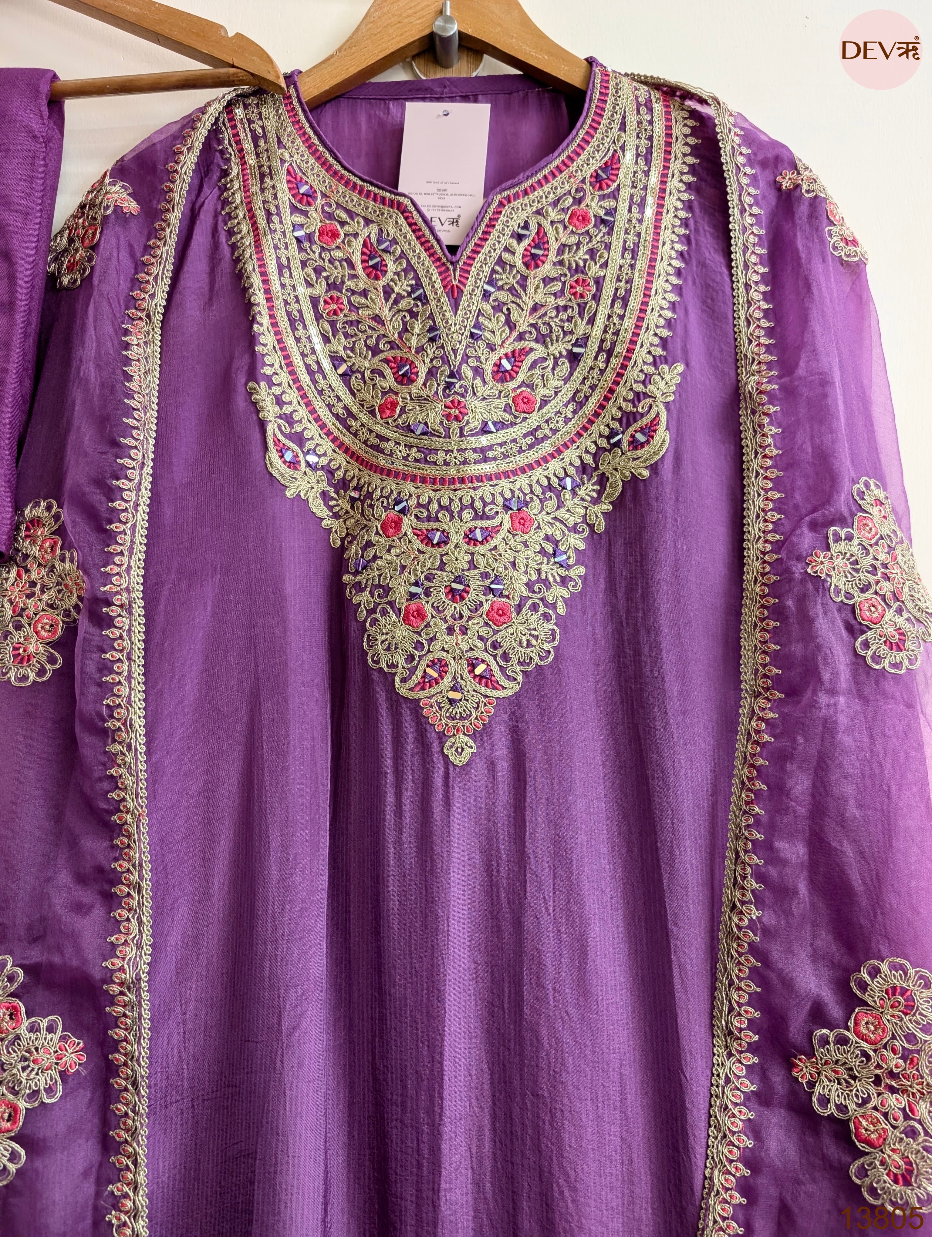 Purple Tissue Organza Silk Embroidered Unstitched 3-Piece Suit (Devri – D.No 13805)