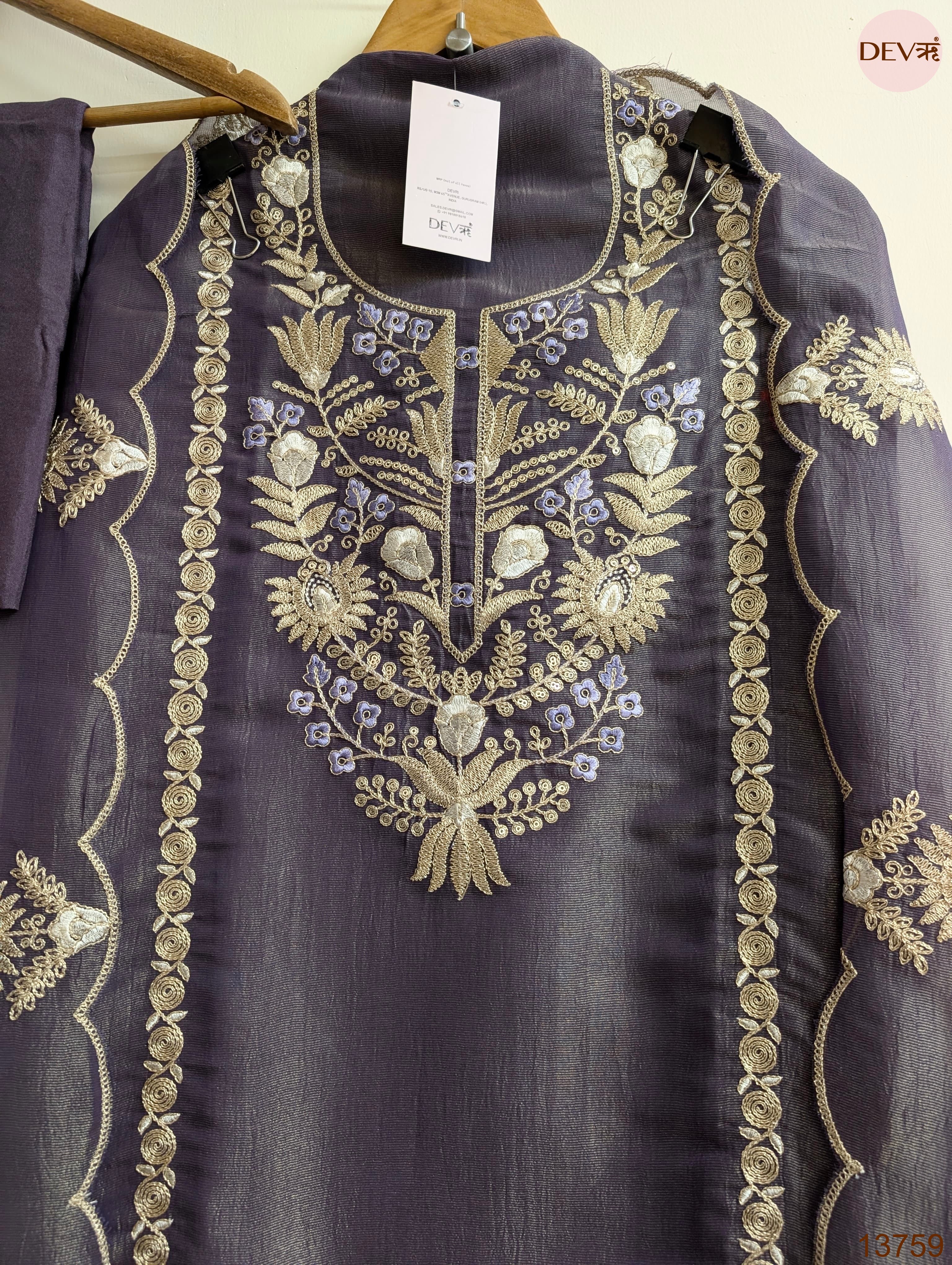 Purple Pure Tissue Silk Embroidered Unstitched 3-Piece Suit (Devri – D.No 13759)