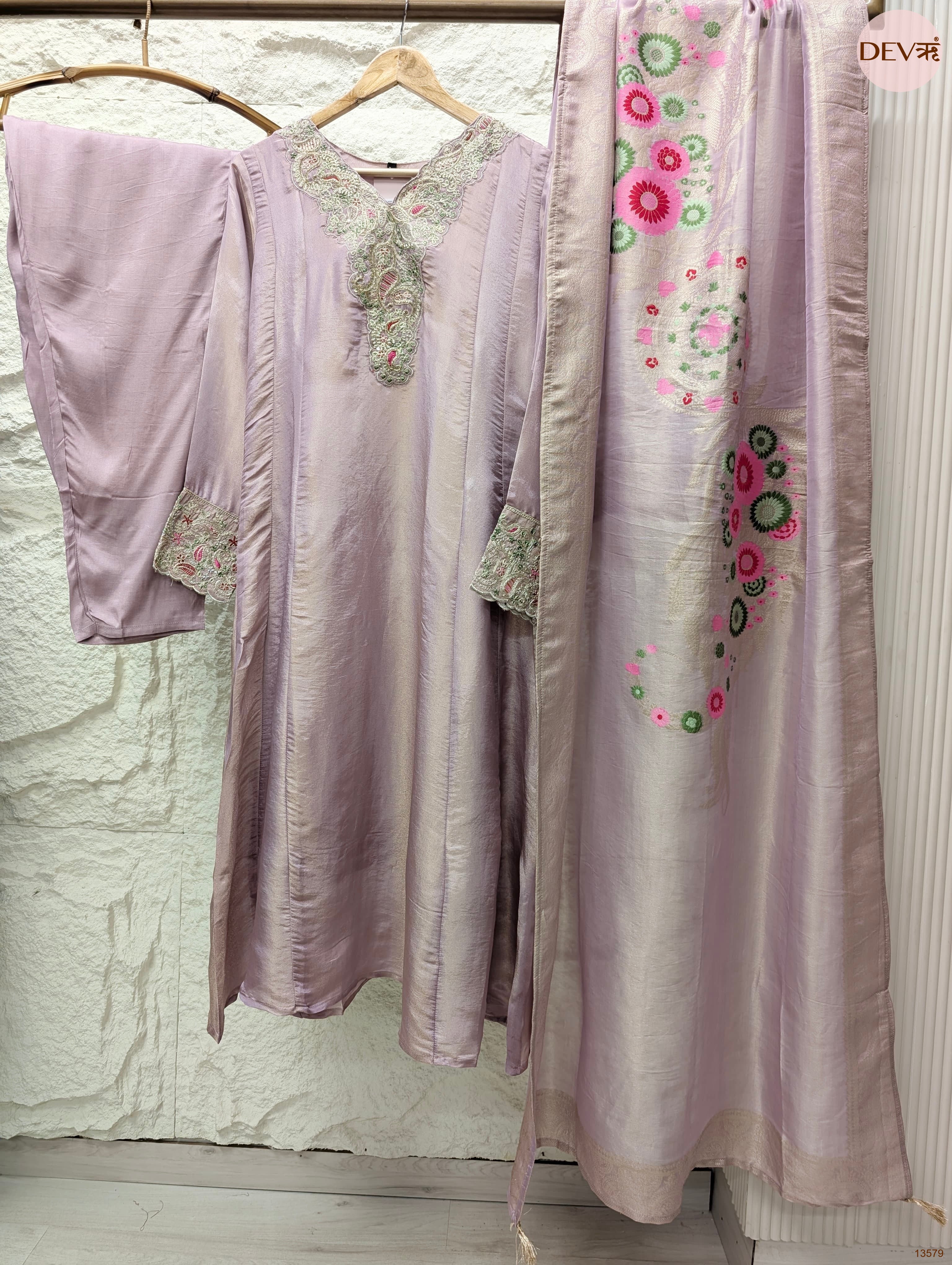 Gulnaar Pure Giraffe Silk Embroidered Lilac 3-Piece Set (Devri – D.No 13579)