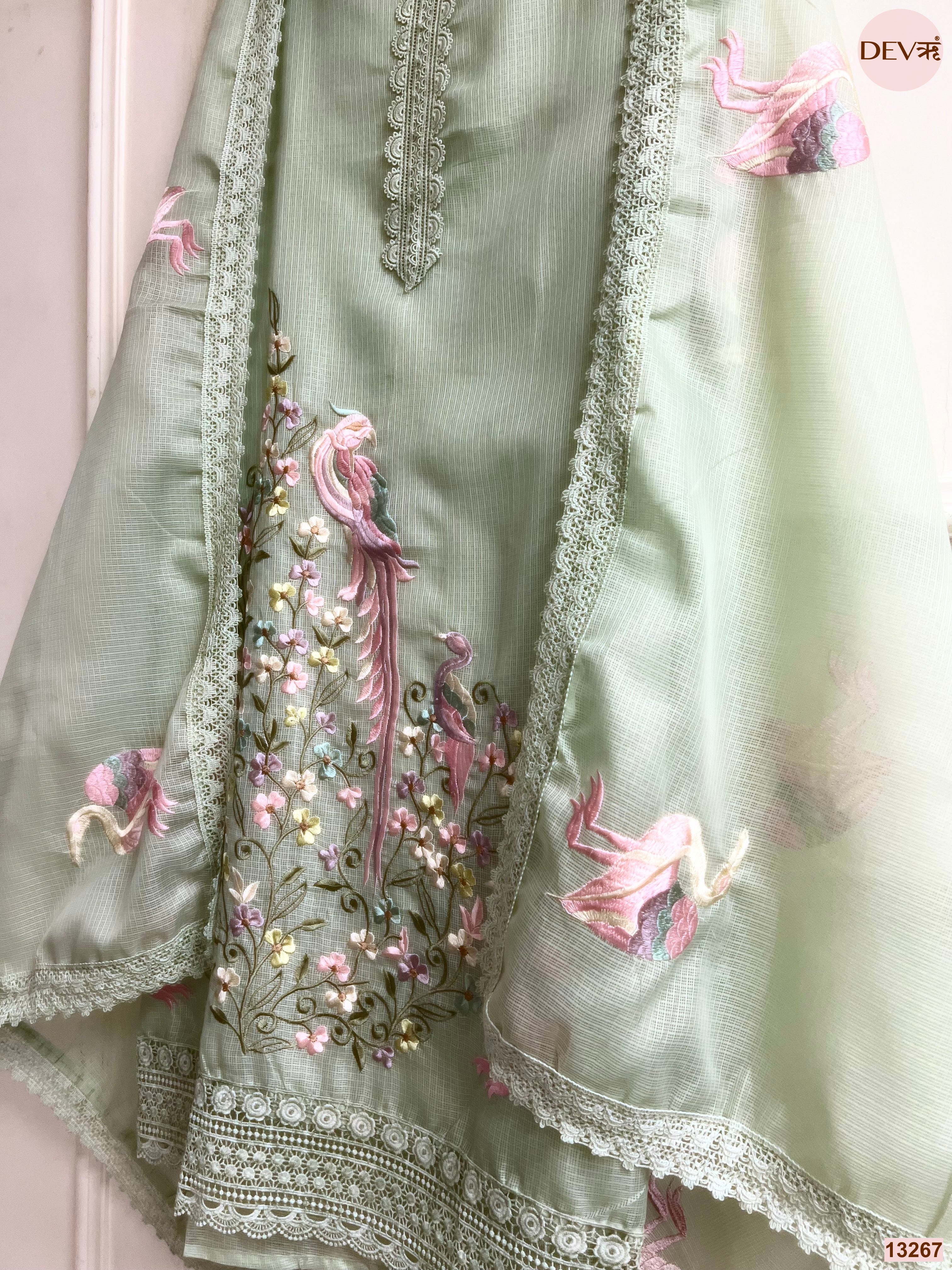 Sage Green Kota Cotton Embroidered Unstitched 3-Piece Suit (Devri – D.No 13267)