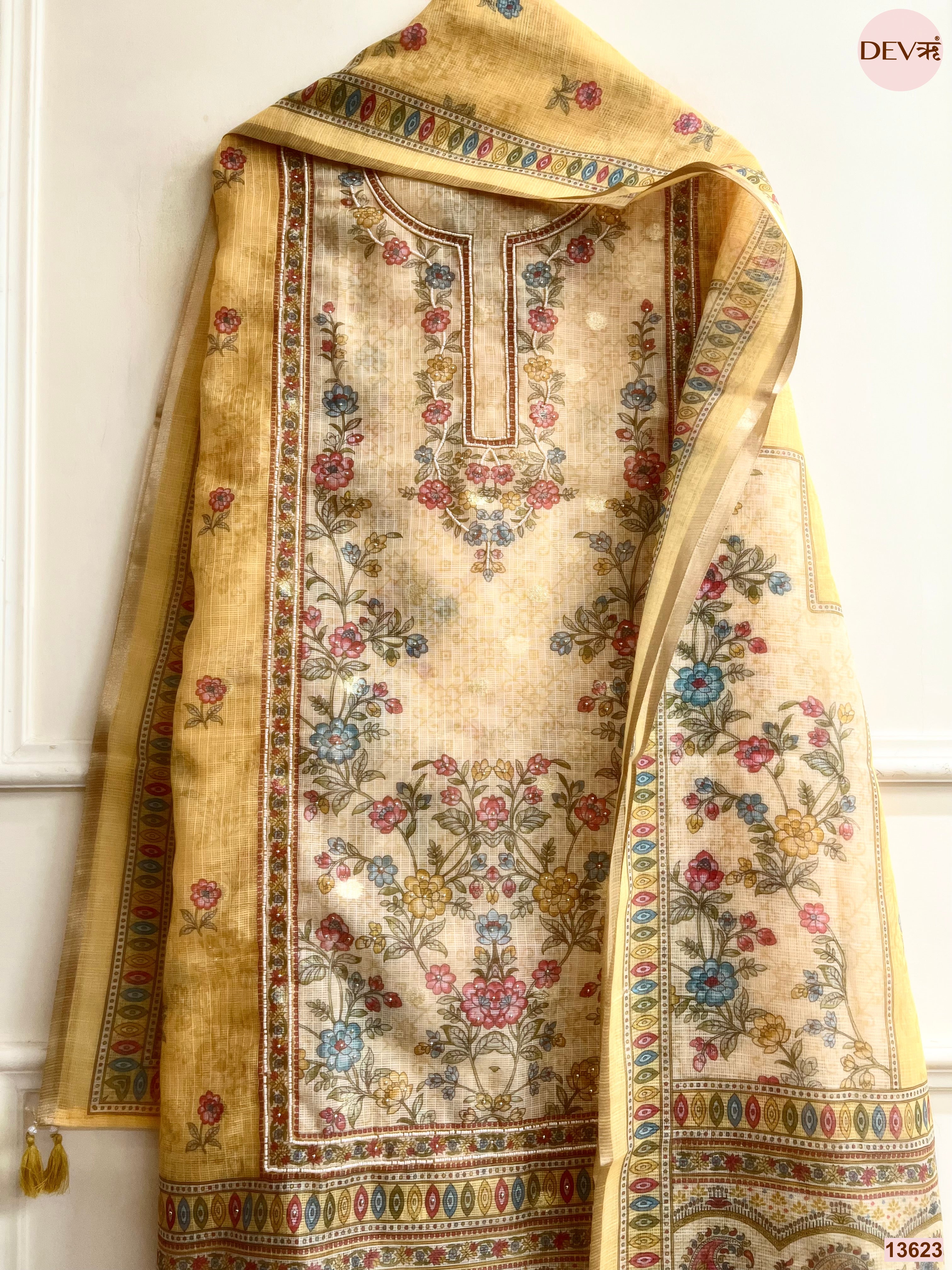 Beige Kota Zari Printed Unstitched 3-Piece Suit (Devri – D.No 13623)