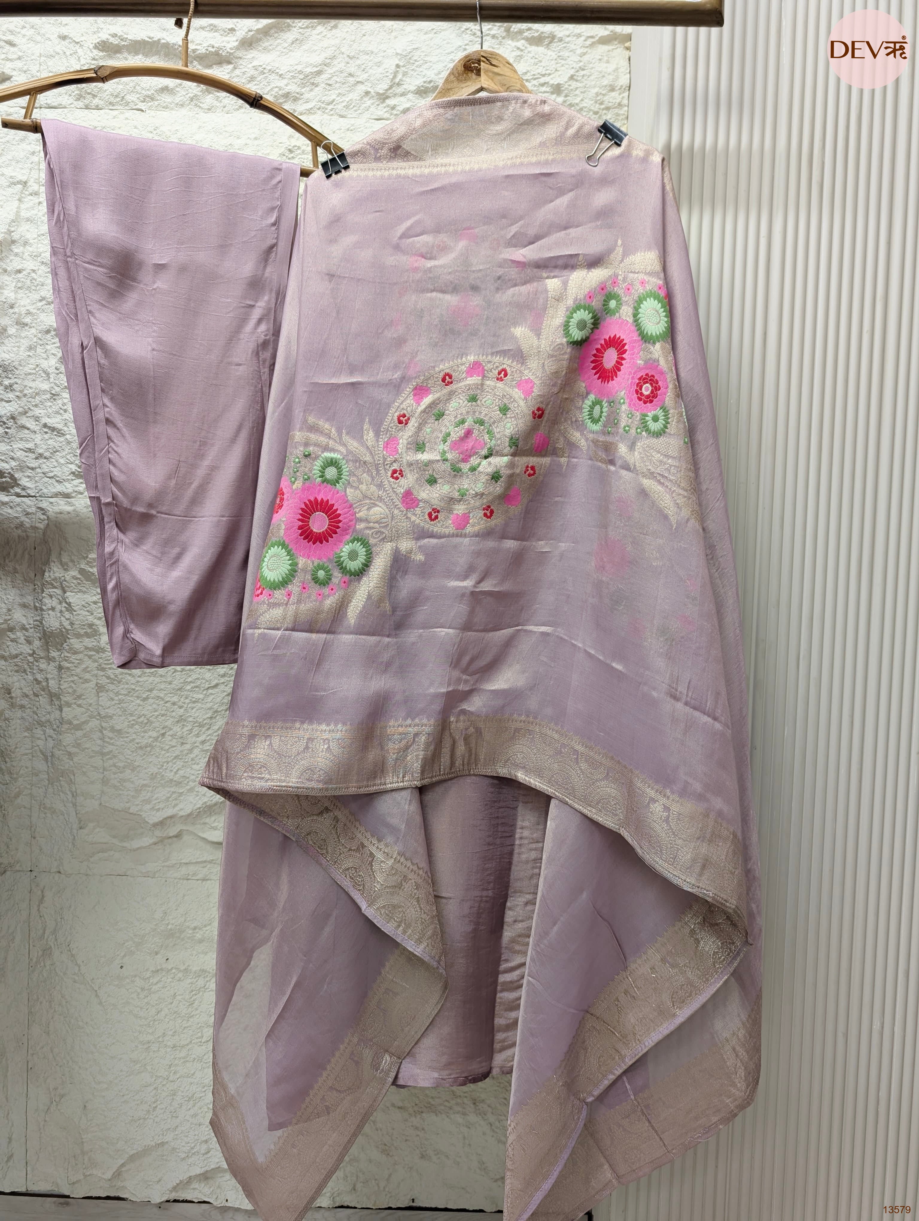 Gulnaar Pure Giraffe Silk Embroidered Lilac 3-Piece Set (Devri – D.No 13579)
