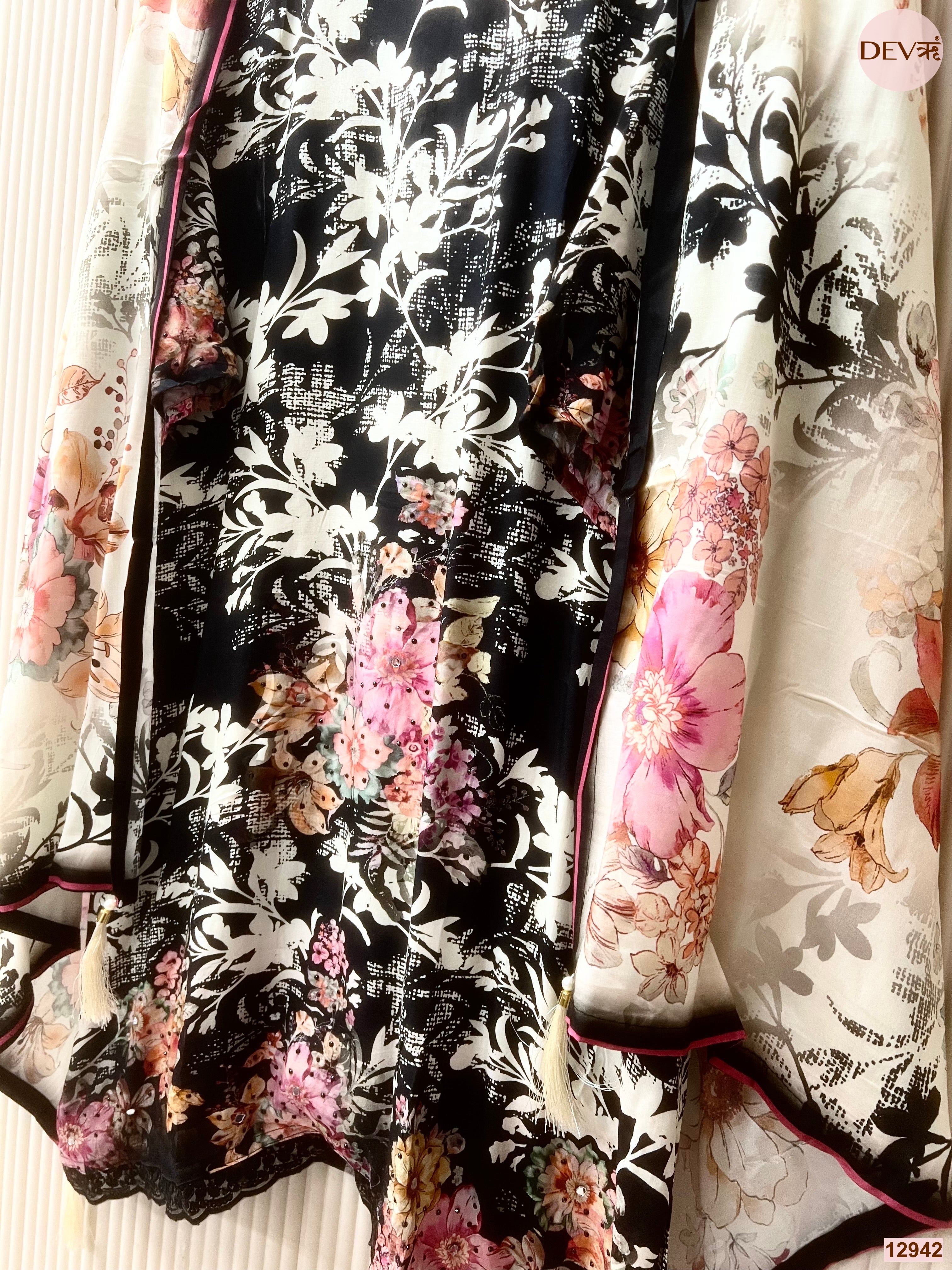 Black Muslin Printed Unstitched 3-Piece Suit (Devri – D.No 12942)