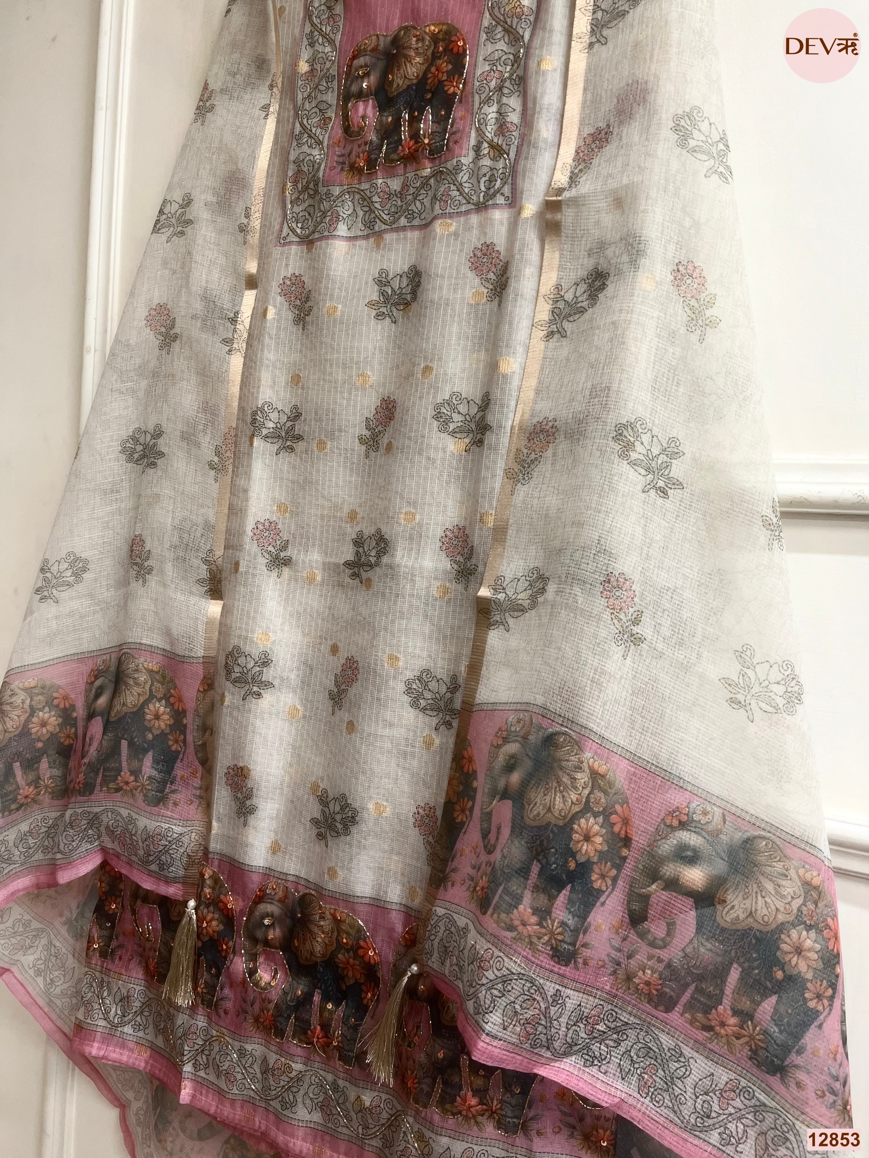 Pink Linen Cotton Printed Unstitched 3-Piece Suit (Devri – D.No 12853)