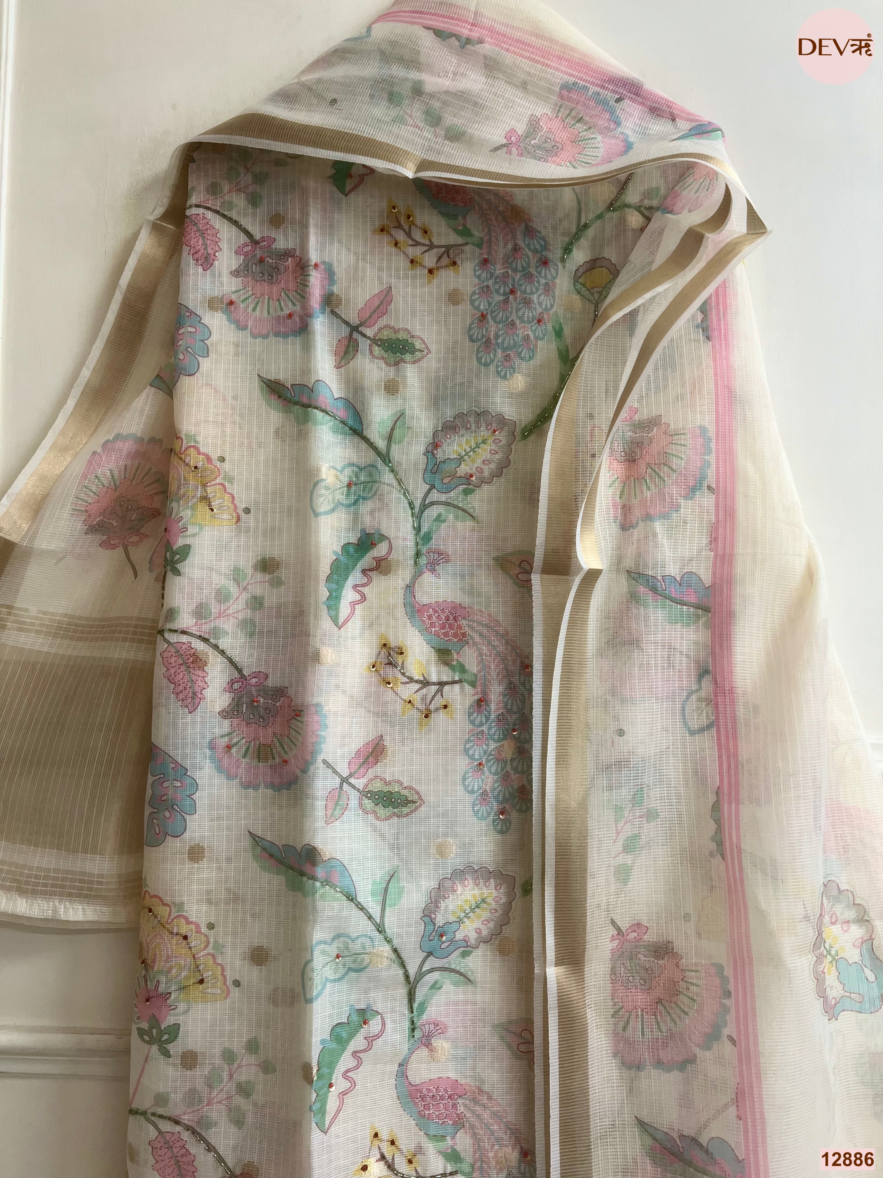 Cream Kota Printed Unstitched 3-Piece Suit (Devri – D.No 12886)