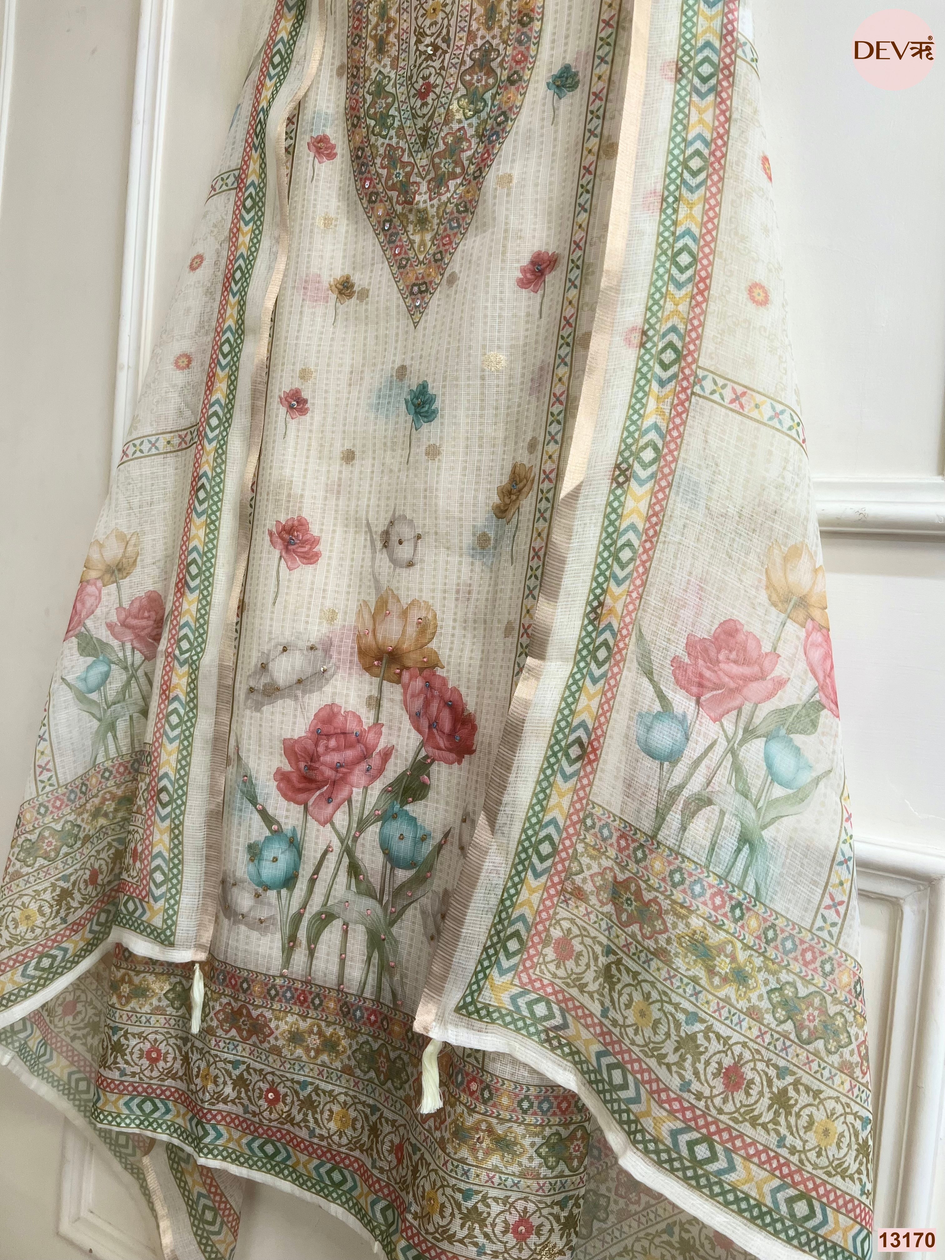 Cream Kota Printed Unstitched 3-Piece Suit (Devri – D.No 13170)