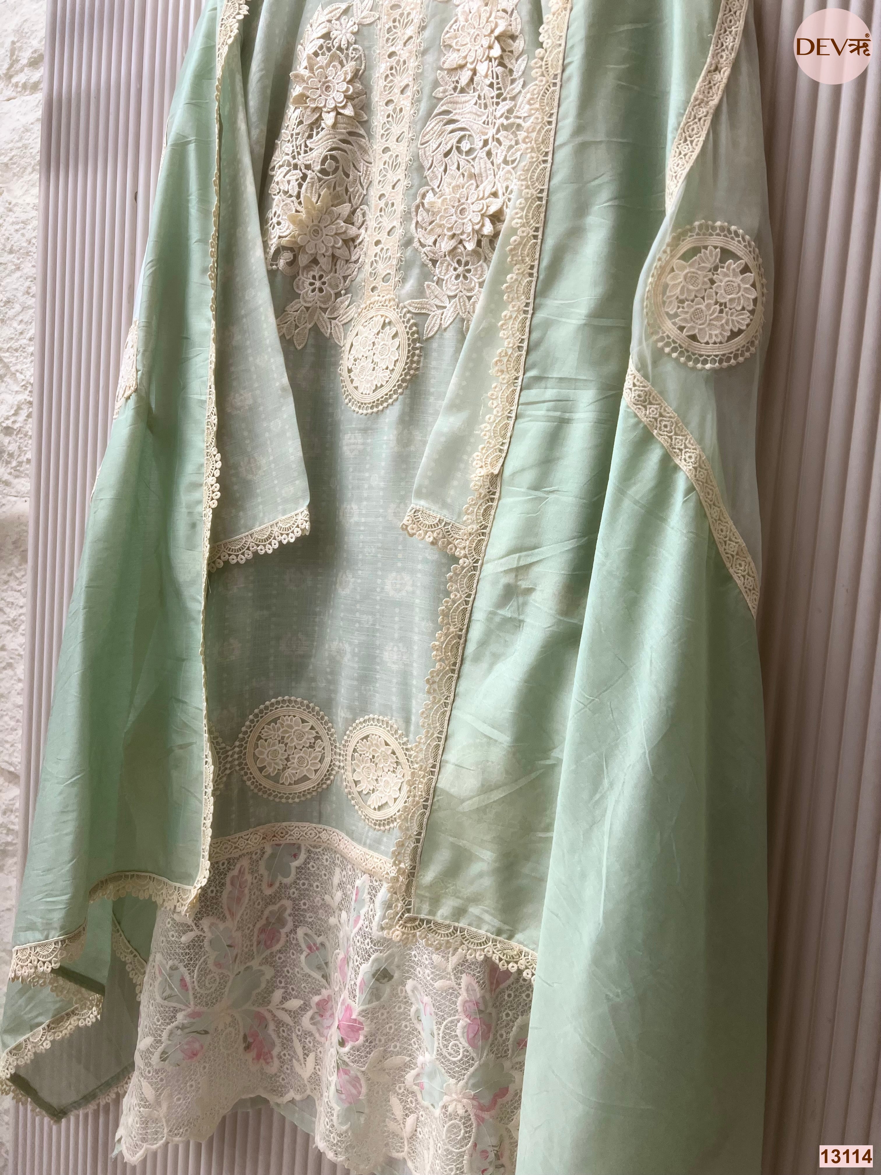 Mint Linen Cotton Embroidered Unstitched 3-Piece Suit (Devri – D.No 13114)