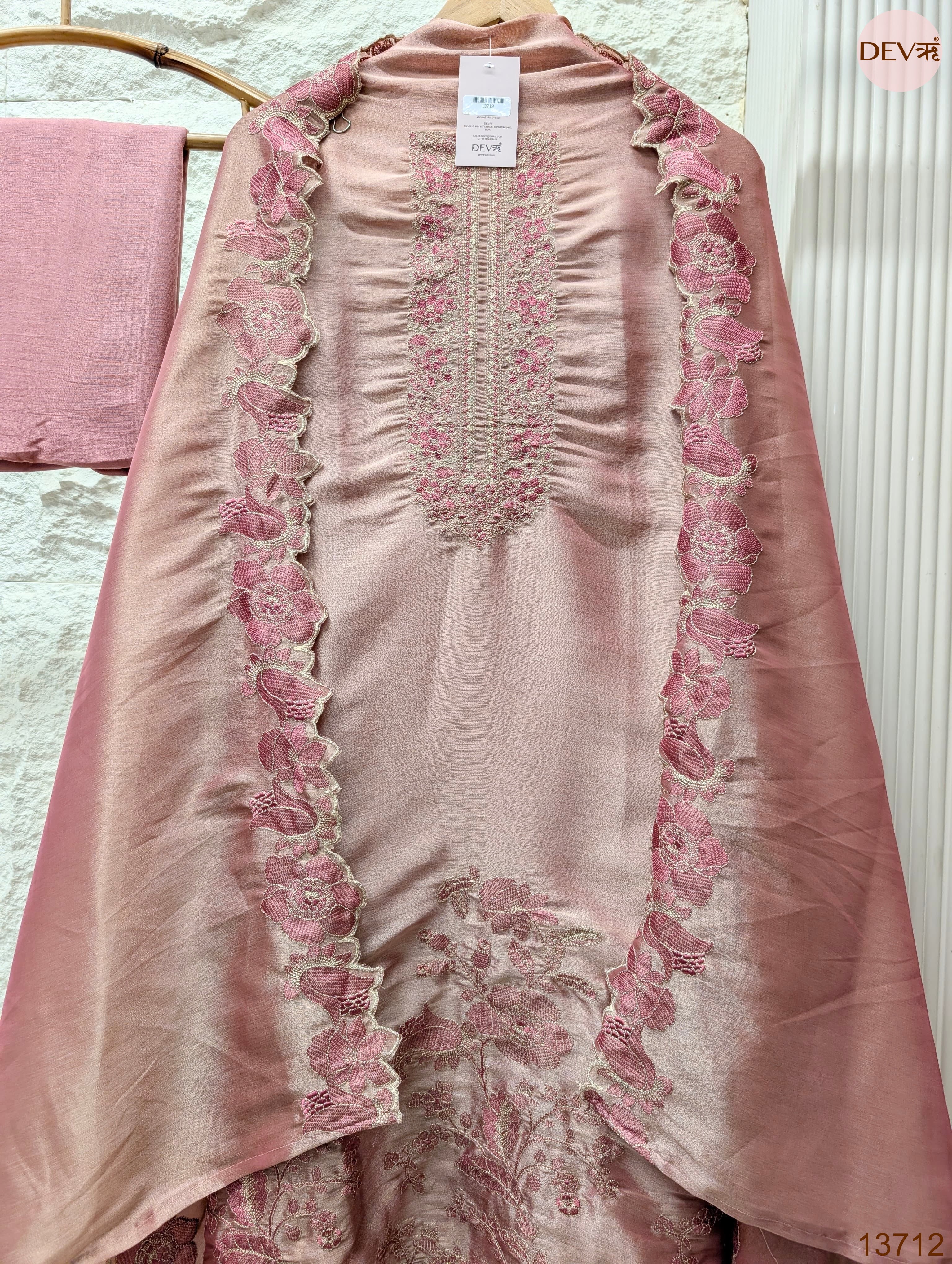 Pink Silk Blend Embroidered Unstitched 3-Piece Suit (Devri – D.No 13712)