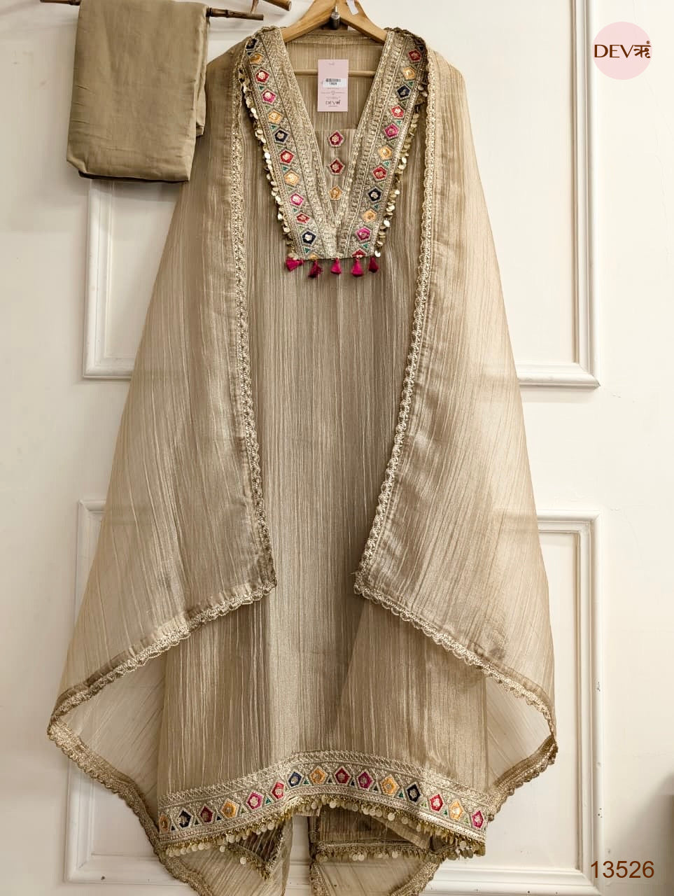 Beige Tissue Crush silk Embroidered Unstitched 3-Piece Suit (Devri – D.No 13526)